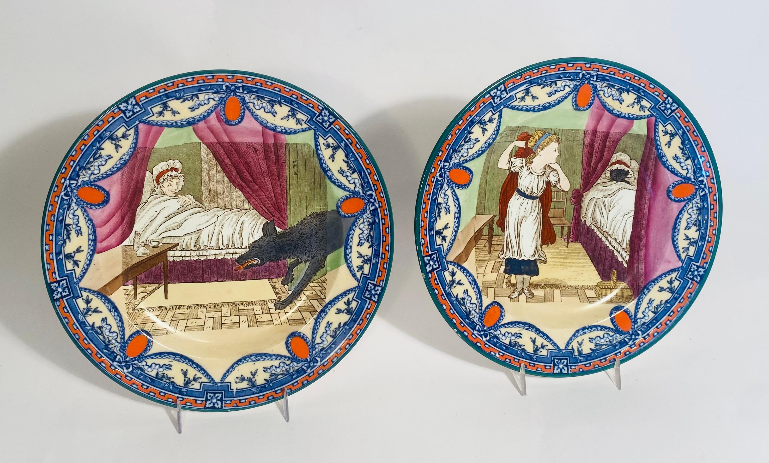 Anodized Pair Wedgwood Little Red Riding Hood Collectible Plates, Vibrantly Hand Colored For Sale