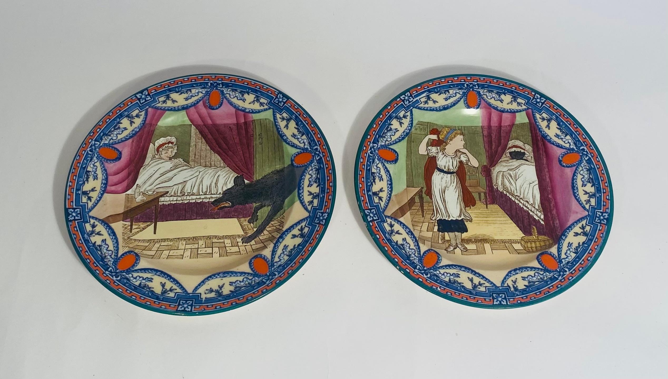 Pair Wedgwood Little Red Riding Hood Collectible Plates, Vibrantly Hand Colored In Good Condition For Sale In West Palm Beach, FL