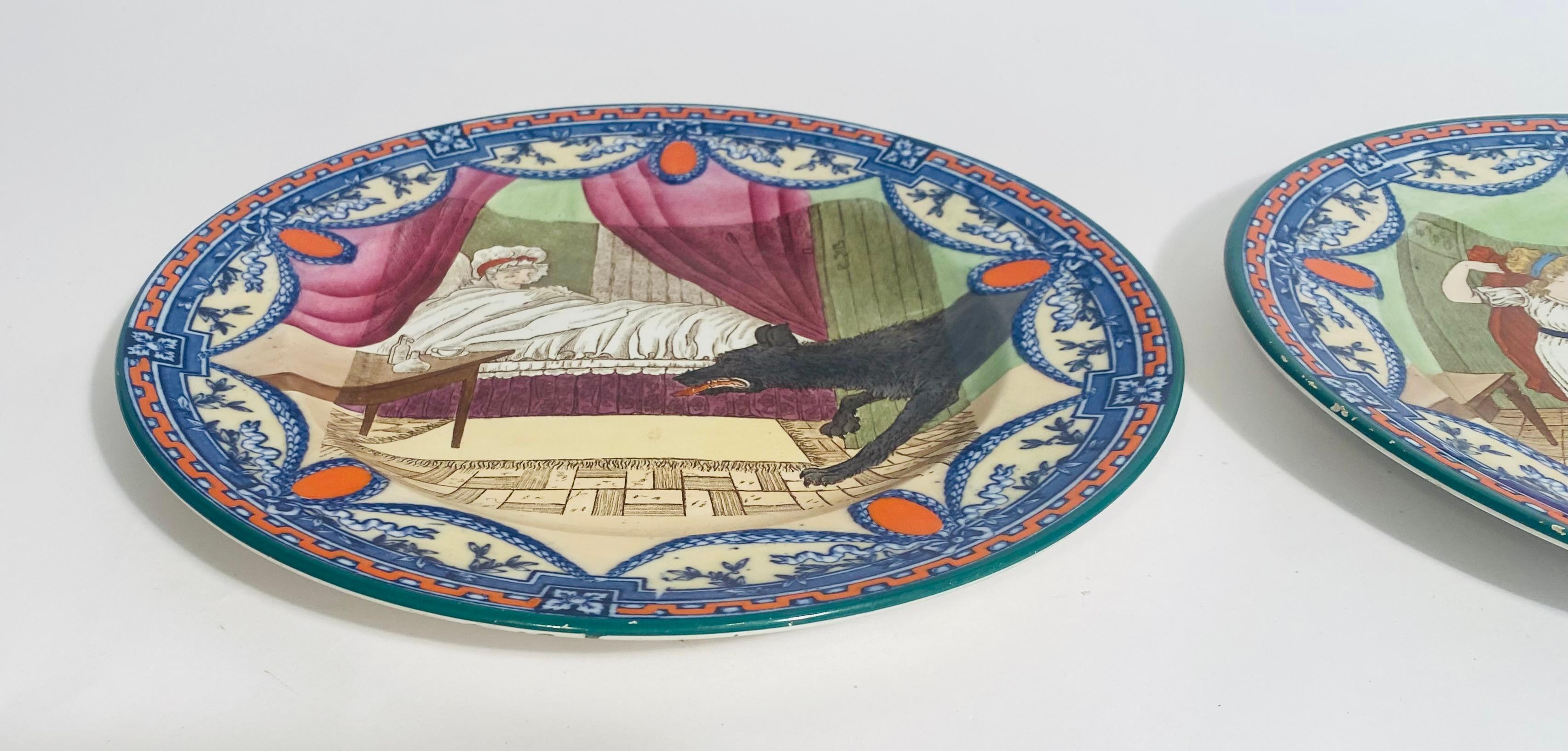 Late 19th Century Pair Wedgwood Little Red Riding Hood Collectible Plates, Vibrantly Hand Colored For Sale