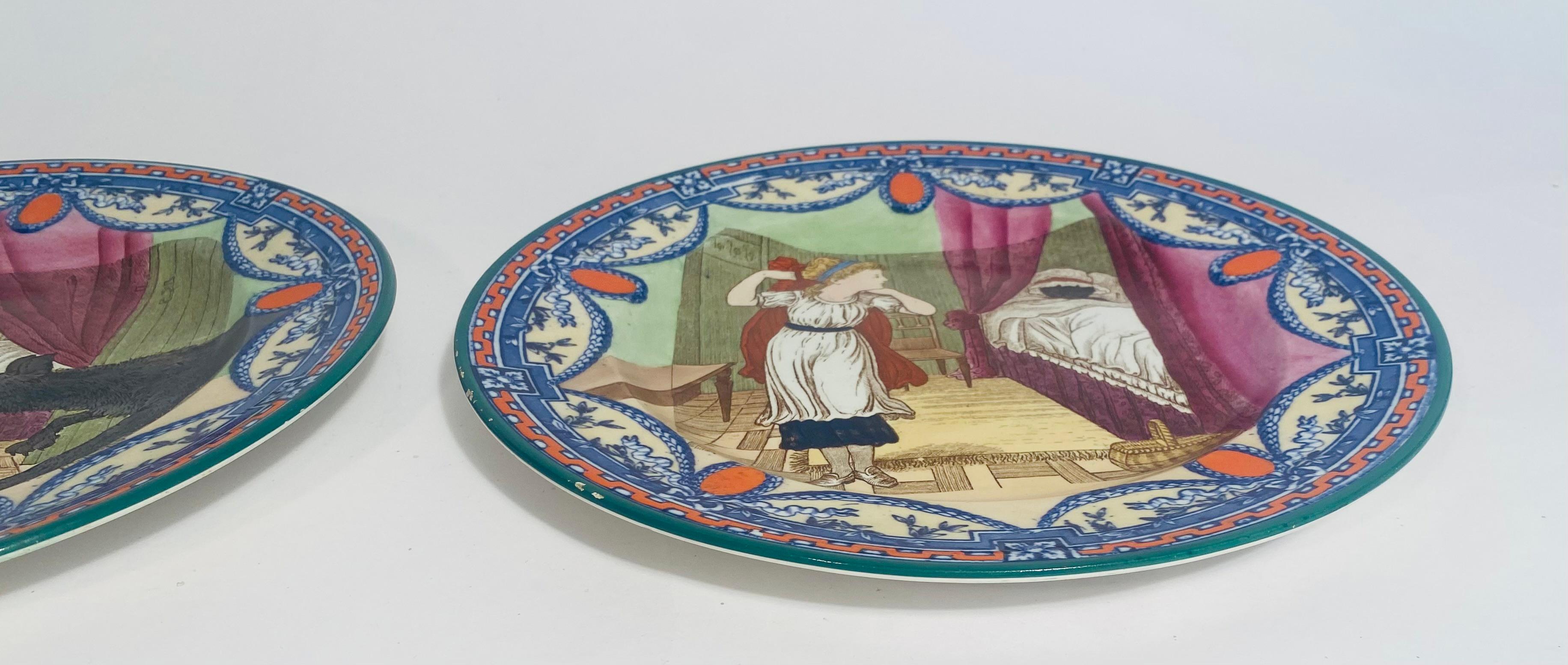 Ceramic Pair Wedgwood Little Red Riding Hood Collectible Plates, Vibrantly Hand Colored For Sale