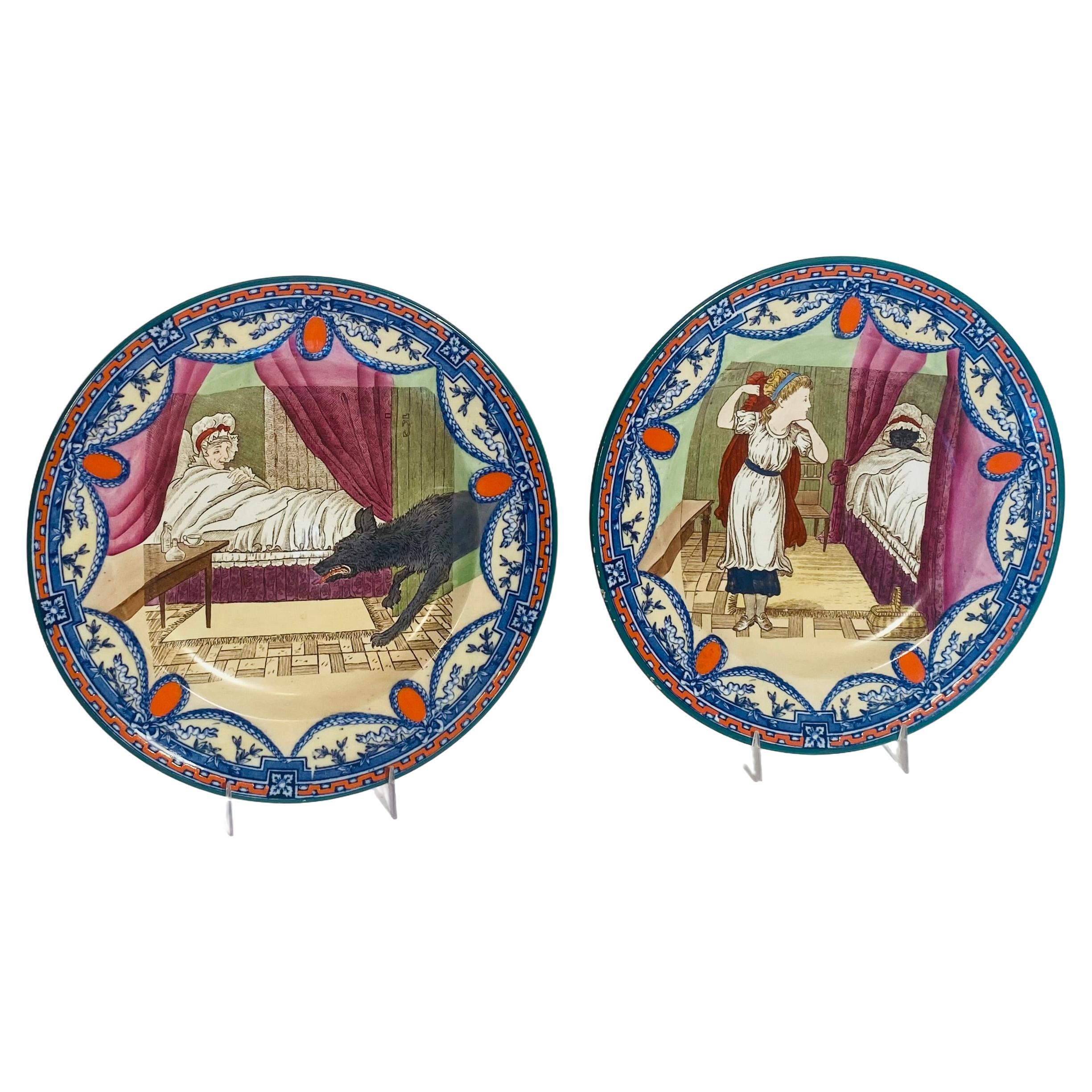 Pair Wedgwood Little Red Riding Hood Collectible Plates, Vibrantly Hand Colored For Sale