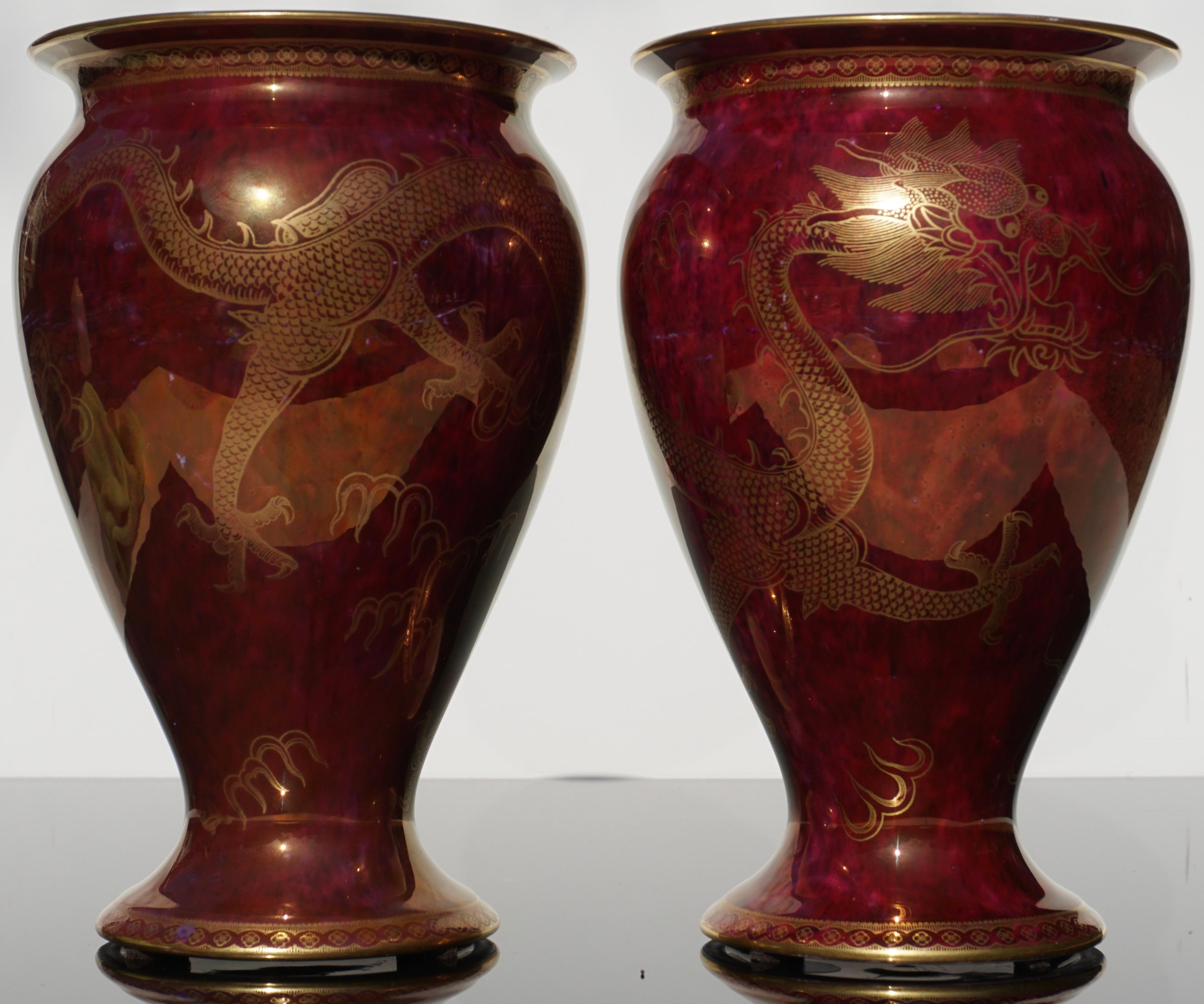 Art Nouveau Pair of Wedgwood Lustre Red Dragon Vases, 1900