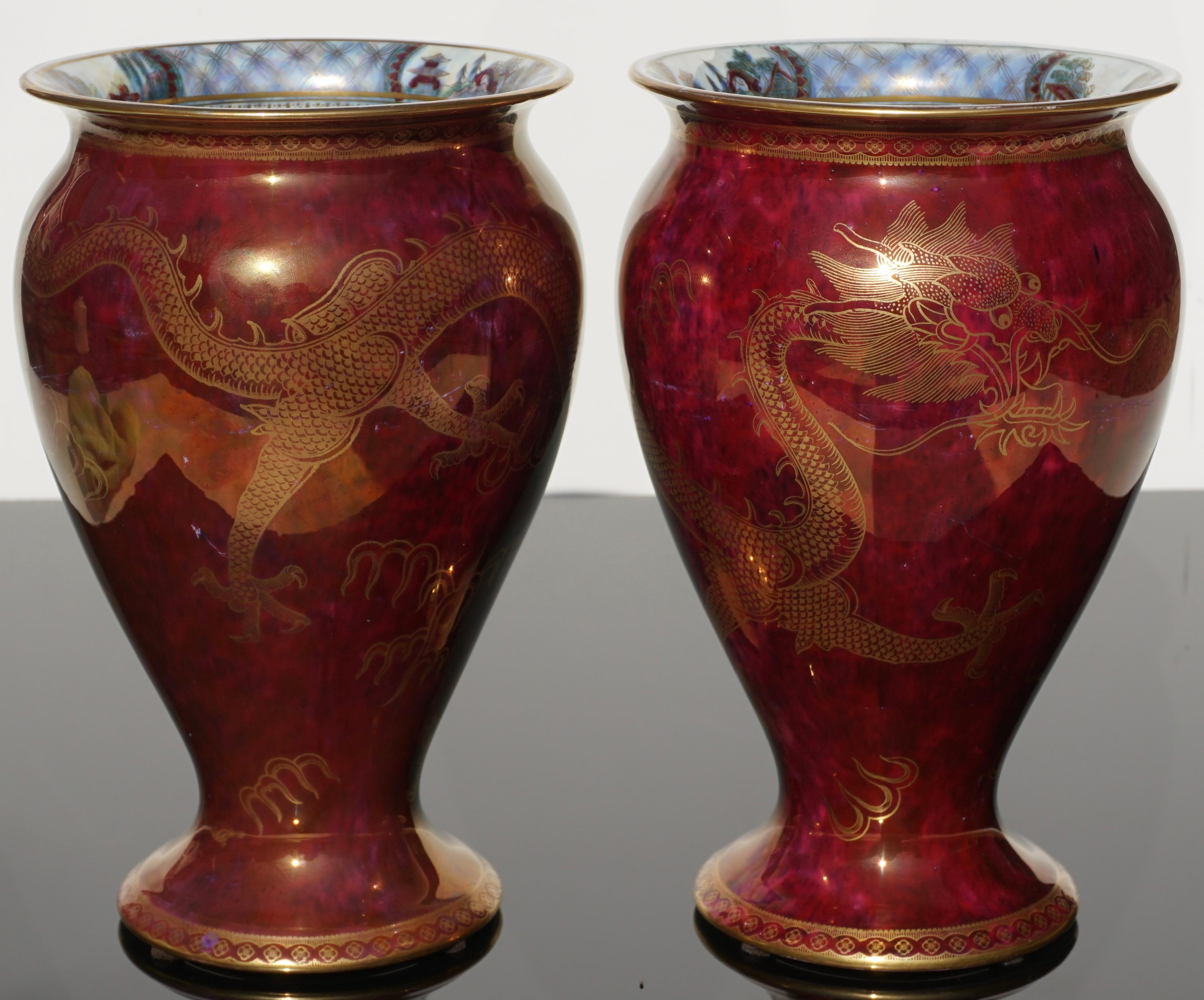 English Pair of Wedgwood Lustre Red Dragon Vases, 1900