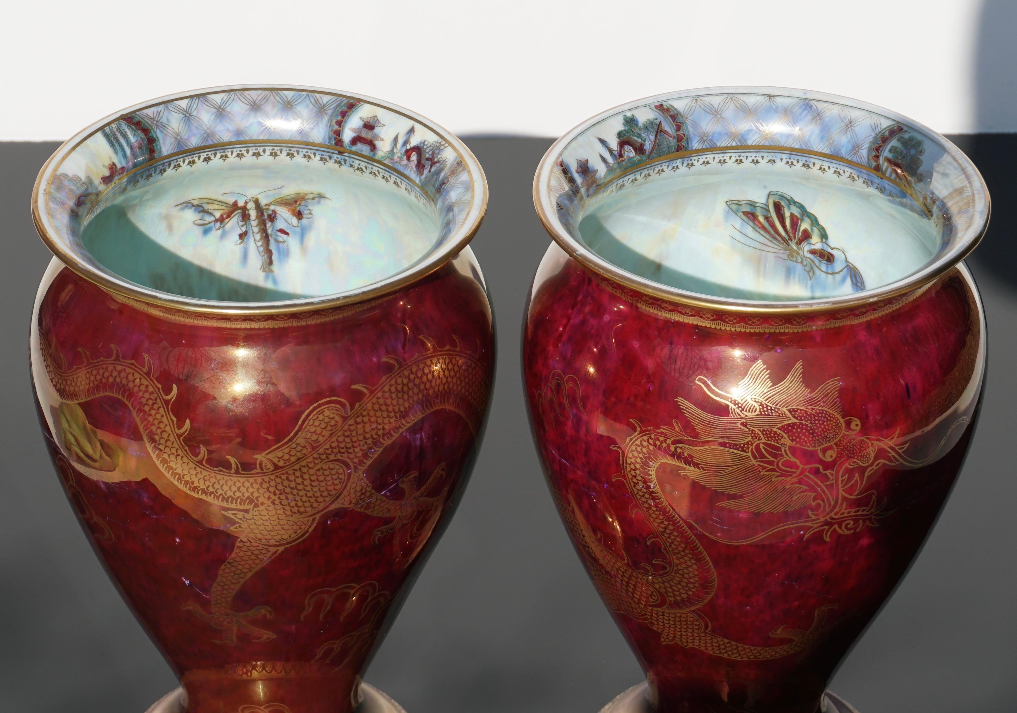 Appliqué Pair of Wedgwood Lustre Red Dragon Vases, 1900