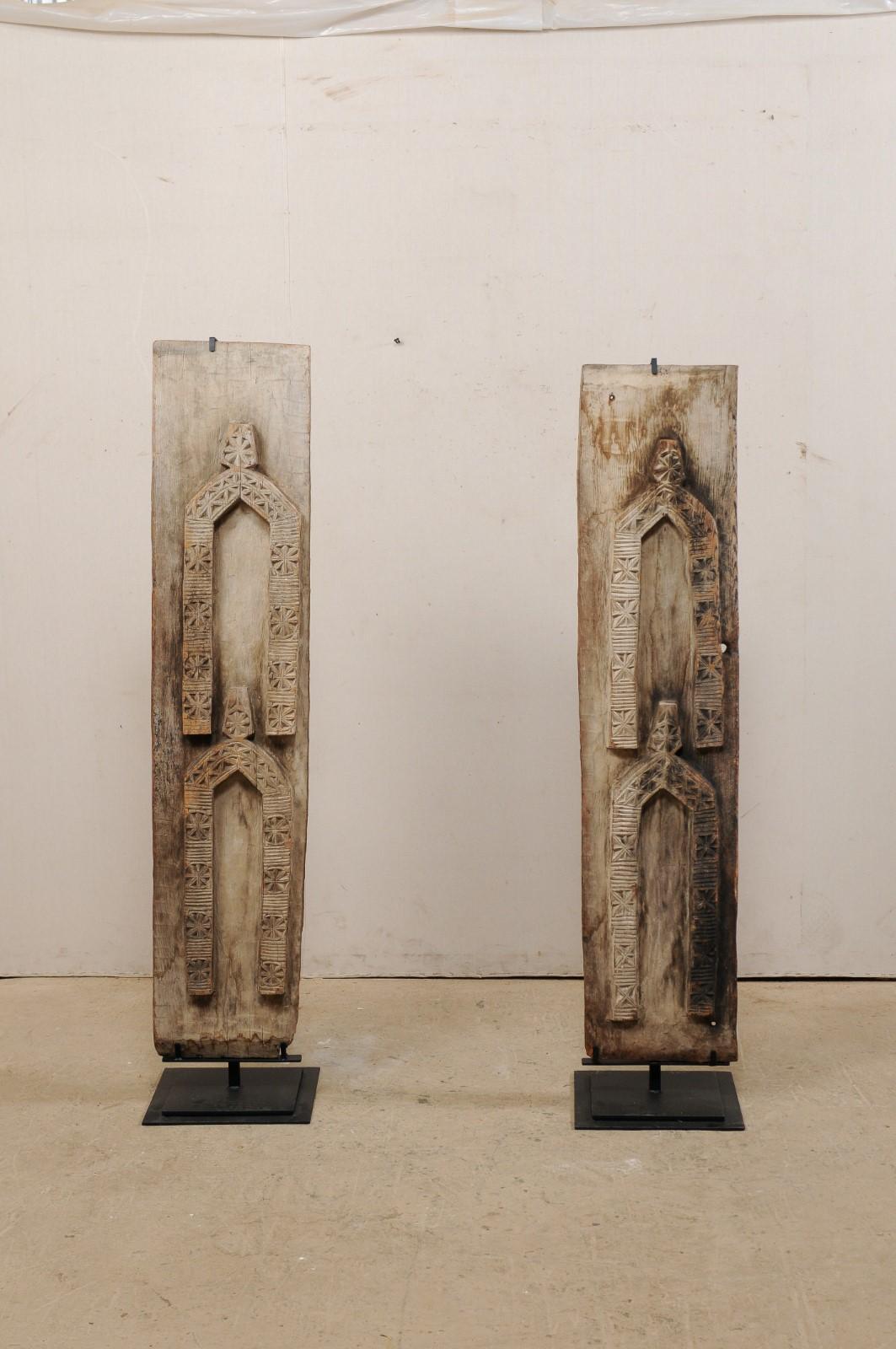 Hand-Carved Pair of West African Carved-Wood Panels Raised on Custom Stands
