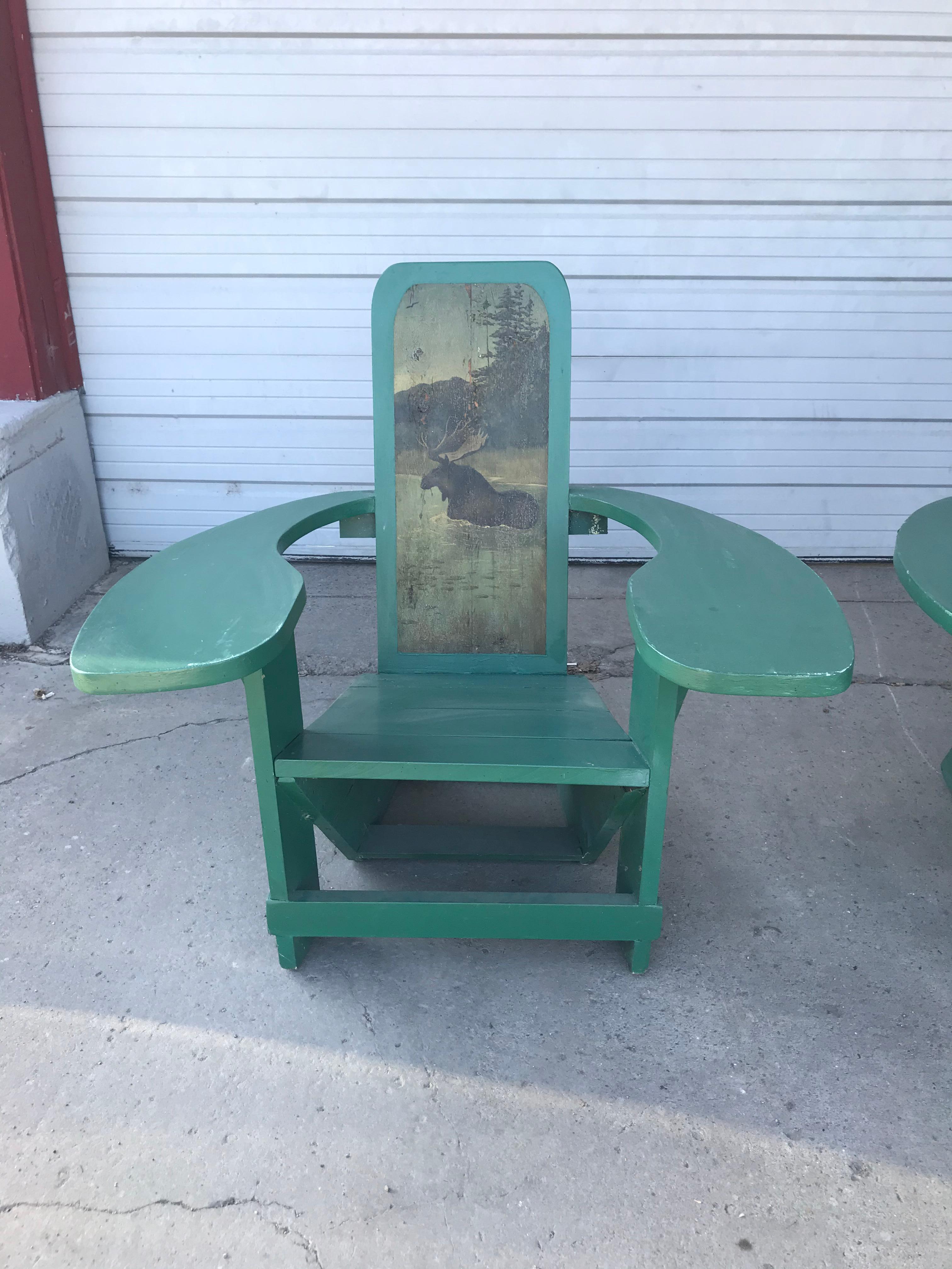 Pair of Westport style deck chairs. Hand painted backs, exaggerated arms, great pair porch / deck chairs with hand painted scenes to backs, extremely well-constructed, sturdy, comfortable the Westport chair, referred to as 