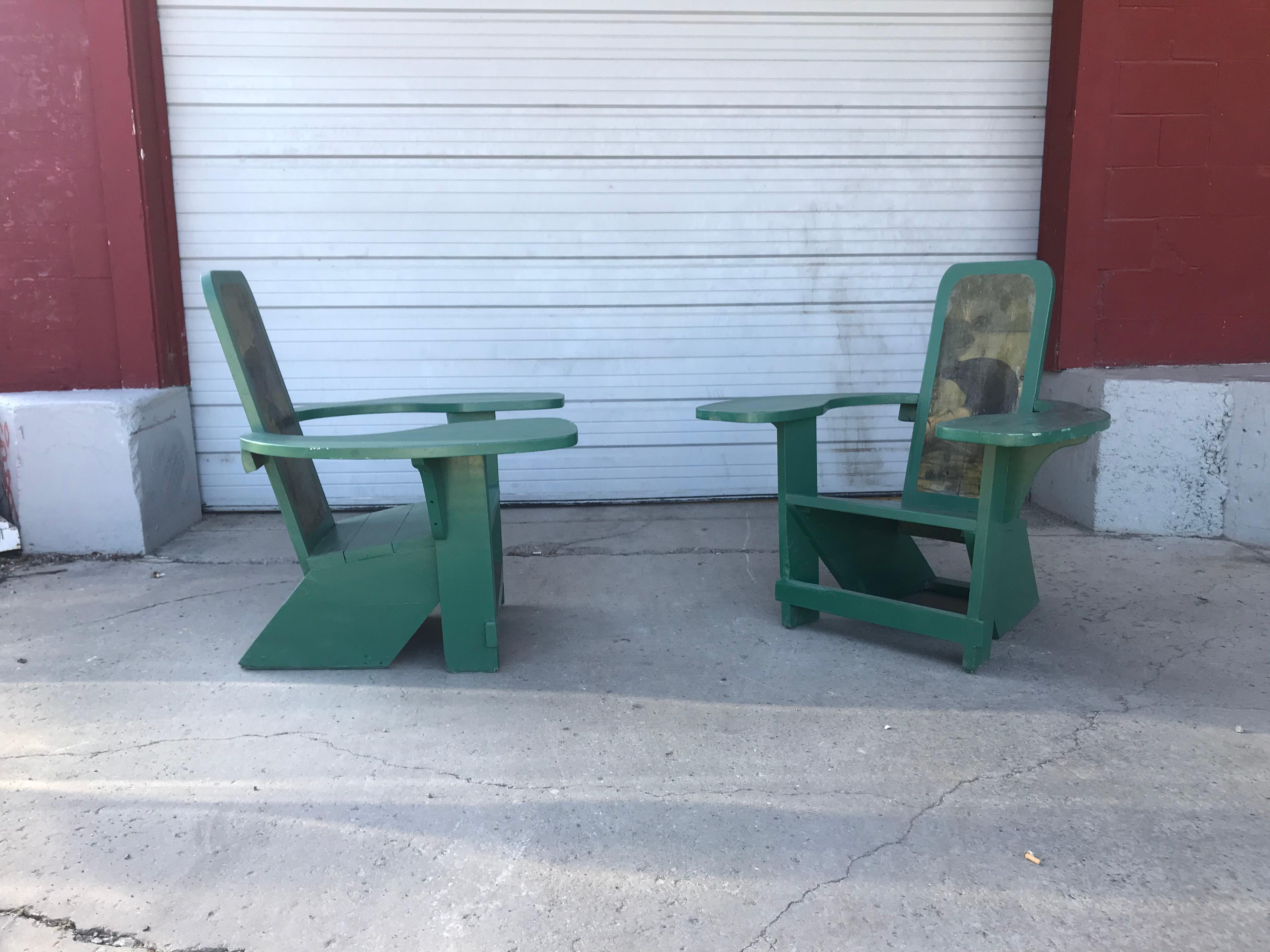 Wood Pair of Westport Style Deck Chairs Hand Painted Backs, Exaggerated Arms For Sale