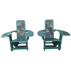 Retro Pair of Westport Style Deck Chairs Hand Painted Backs, Exaggerated Arms