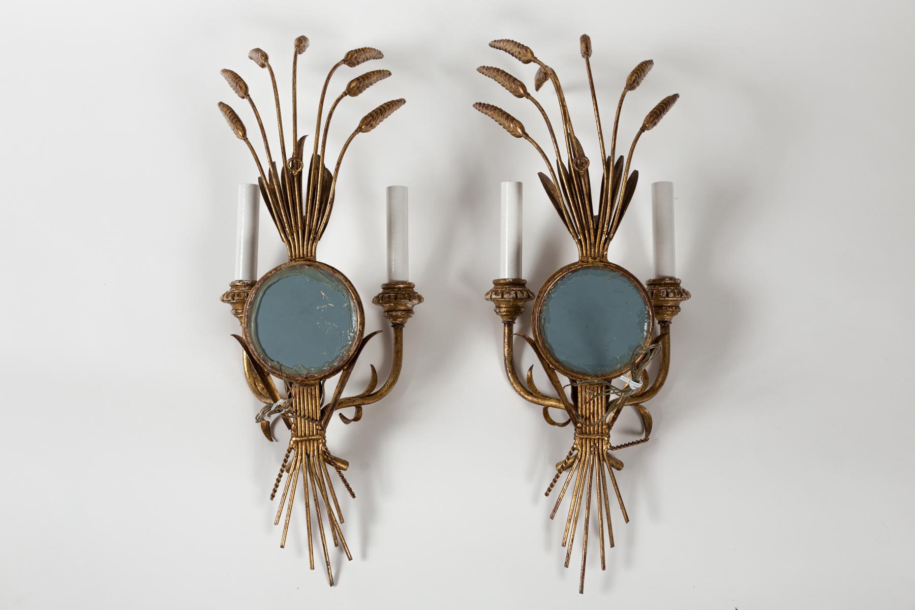 Pair Wheat Sheaf Mirrored Sconces, Italy, circa 1950's For Sale 2