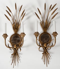 Pair Wheat Sheaf Mirrored Sconces, Italy, circa 1950's