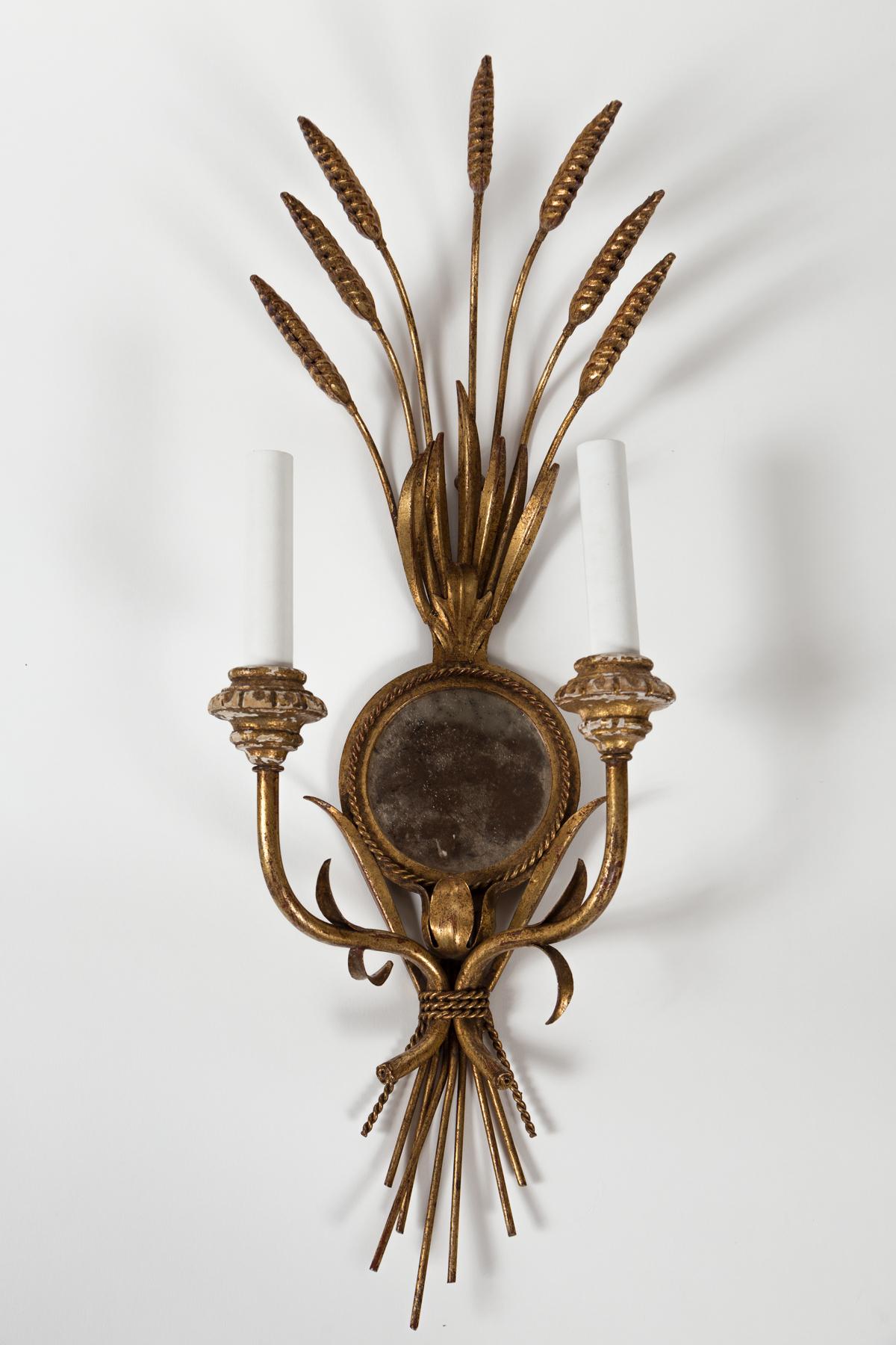 Mid-Century Modern Pair Wheat Sheaf Mirrored Sconces, Italy, circa 1950's For Sale