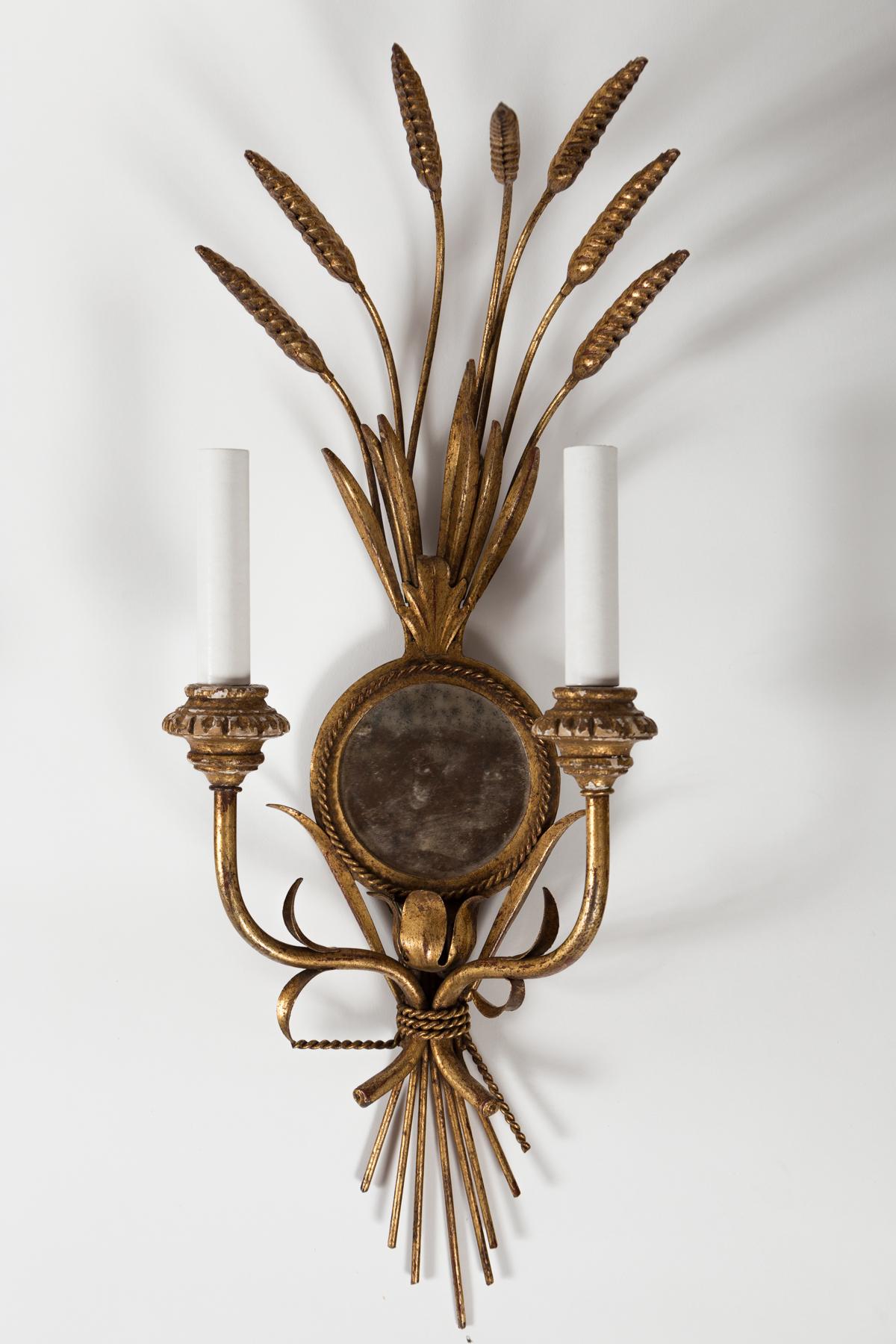 Italian Pair Wheat Sheaf Mirrored Sconces, Italy, circa 1950's For Sale