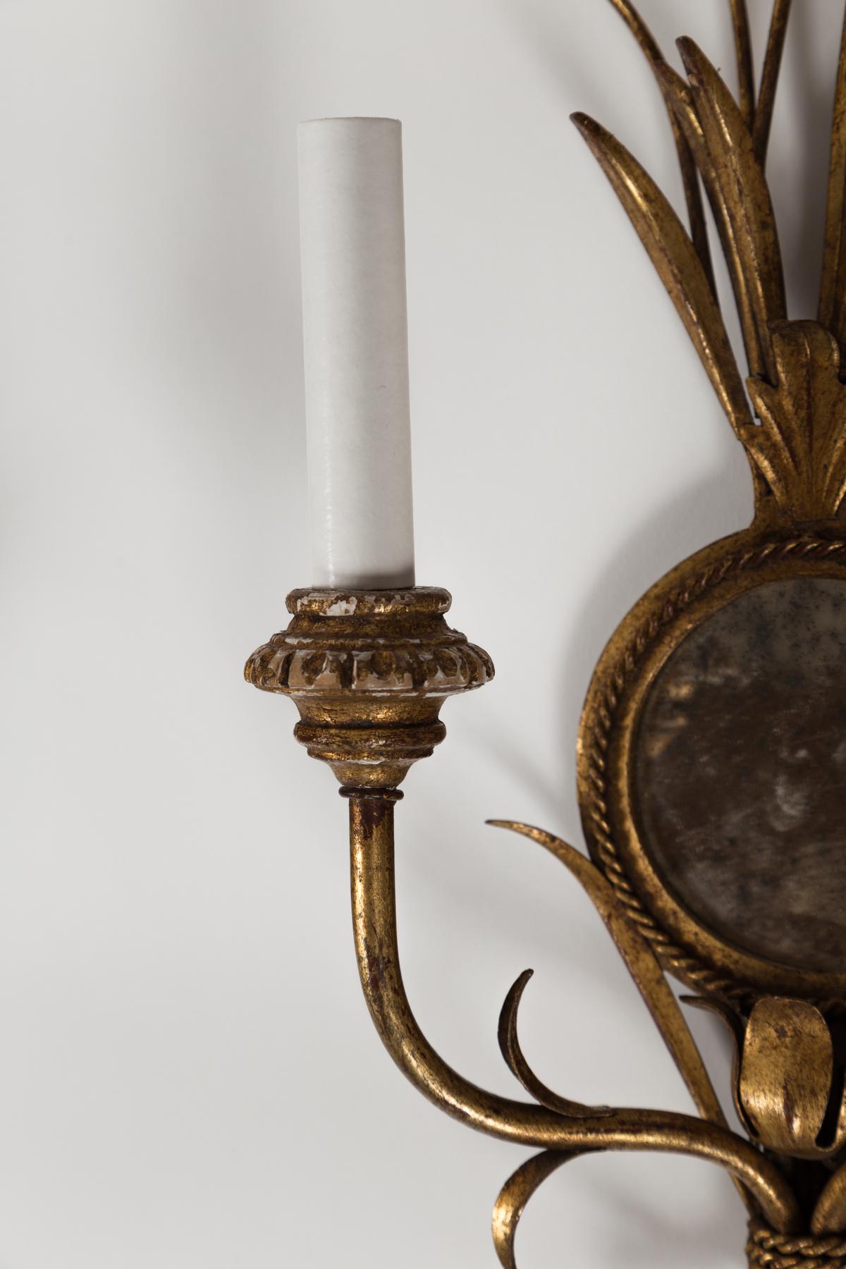 Giltwood Pair Wheat Sheaf Mirrored Sconces, Italy, circa 1950's For Sale