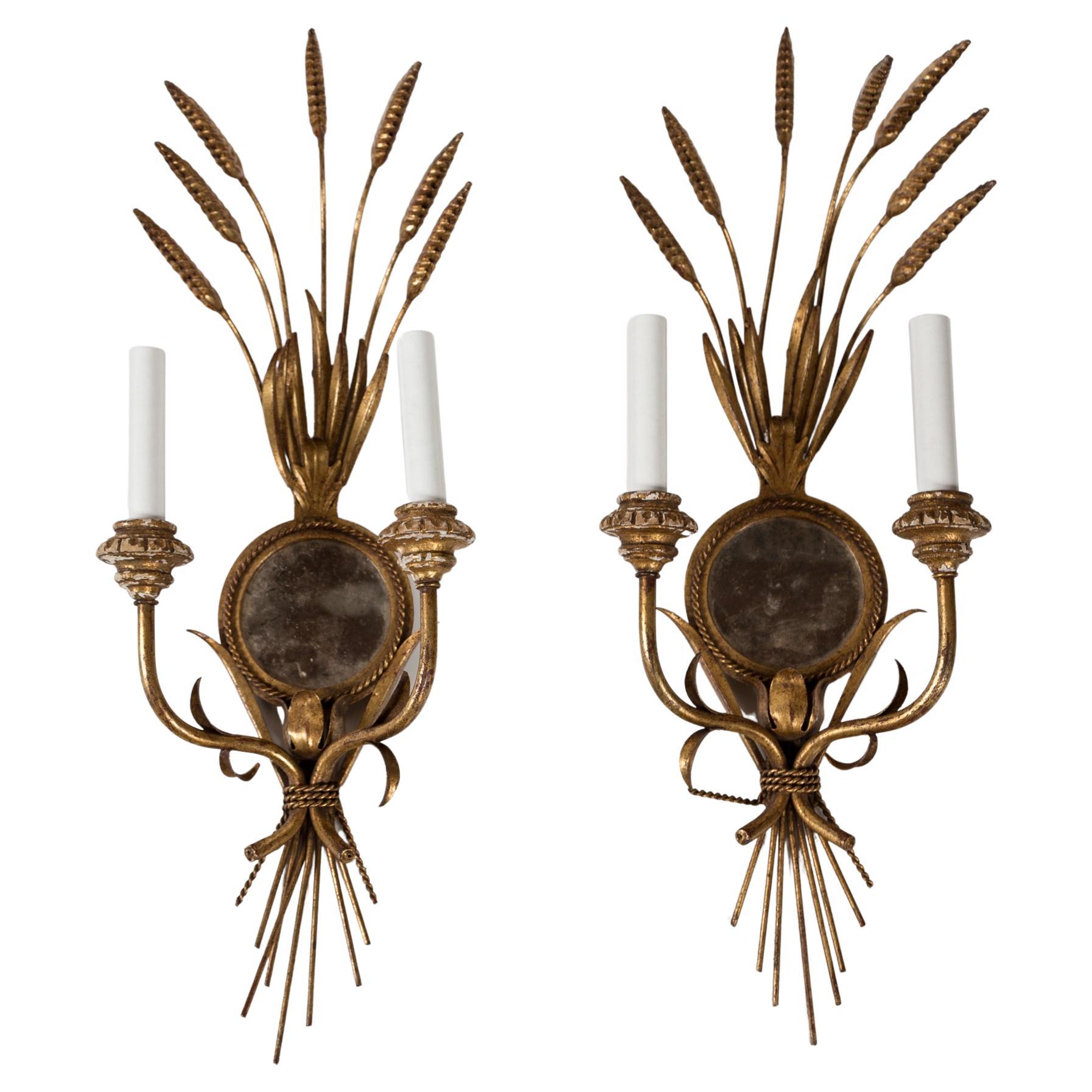 Pair Wheat Sheaf Mirrored Sconces, Italy, circa 1950's For Sale