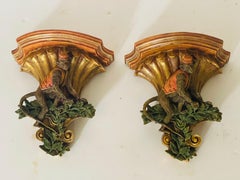 Mackenzie Childs Style Pair Wall Brackets with Monkey Servant Figurines