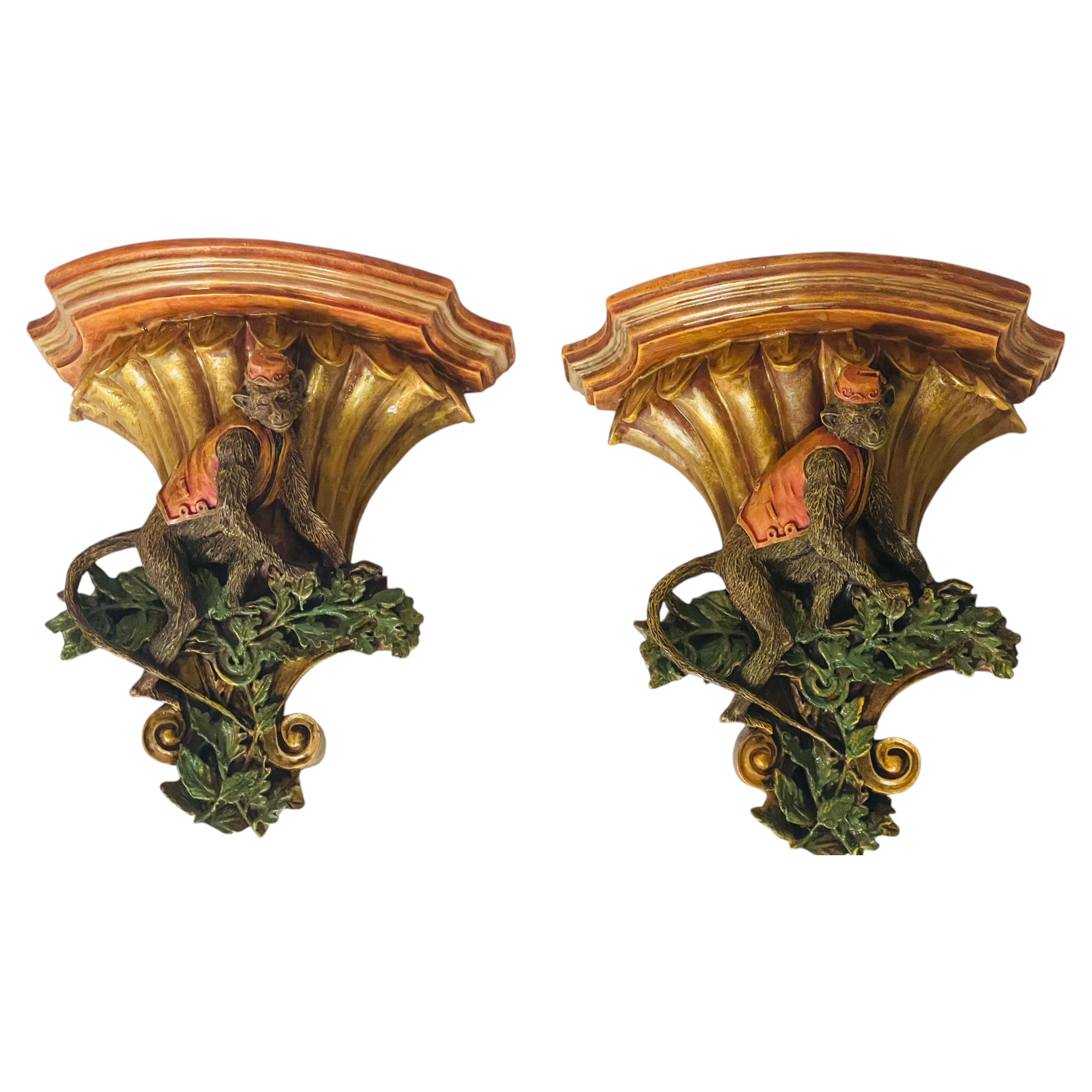Mackenzie Childs Style Pair Wall Brackets with Monkey Servant Figurines For Sale