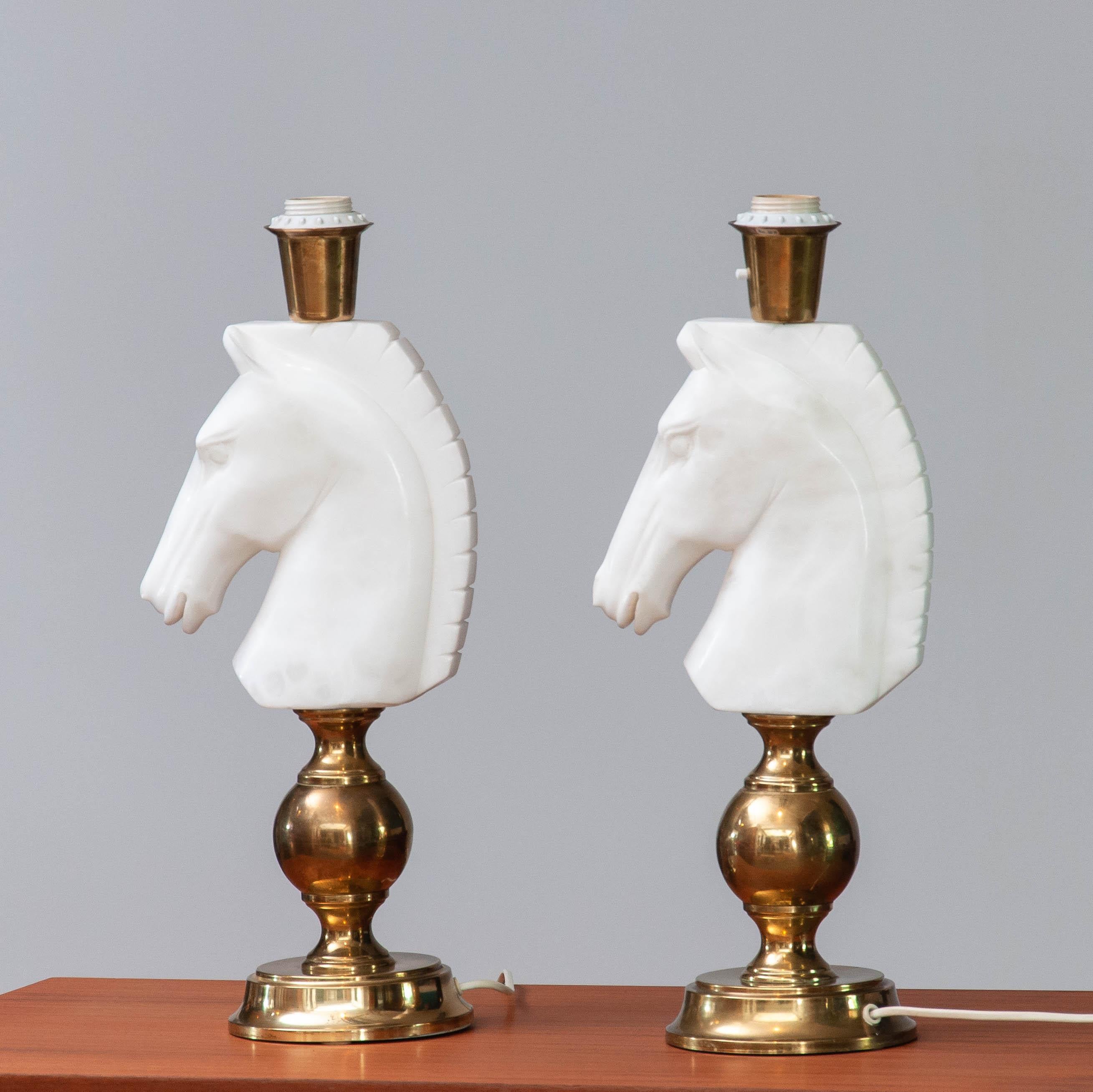 Organic Modern Pair White Alabaster With Brass Horse Head Shaped Table lamps. 1970 Italy For Sale