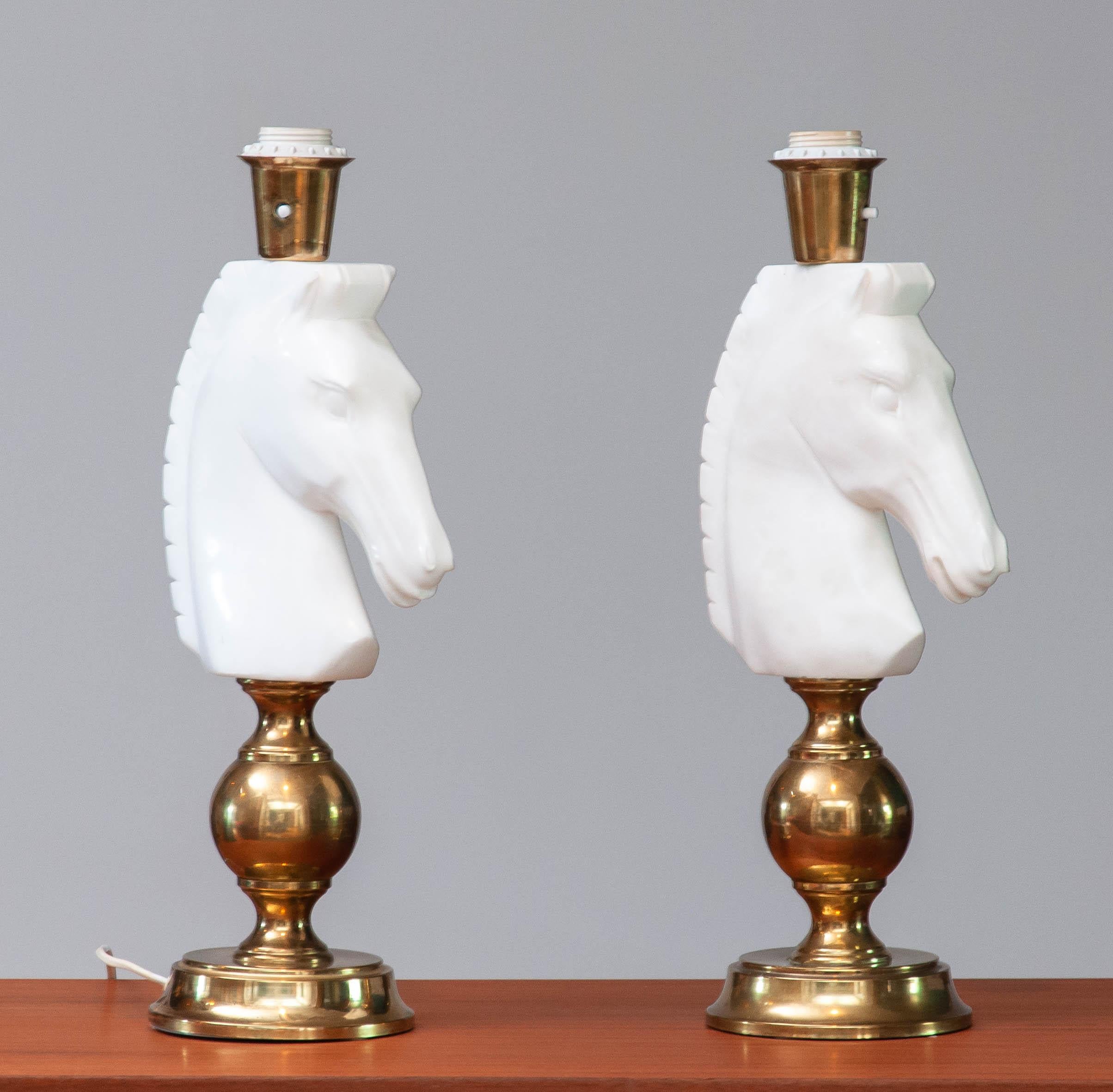 Late 20th Century Pair White Alabaster With Brass Horse Head Shaped Table lamps. 1970 Italy For Sale