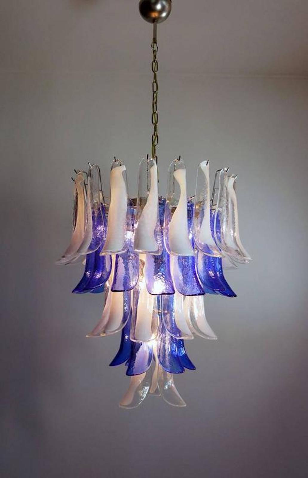 Pair of White and Blue Petals Murano Glass Chandeliers 5