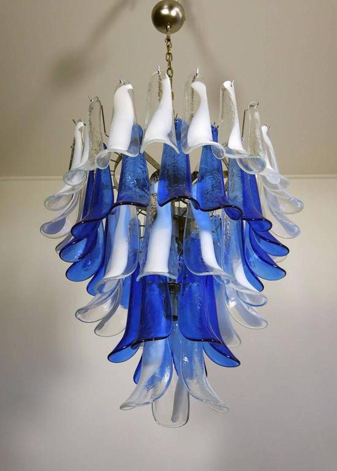 Italian Pair of White and Blue Petals Murano Glass Chandeliers