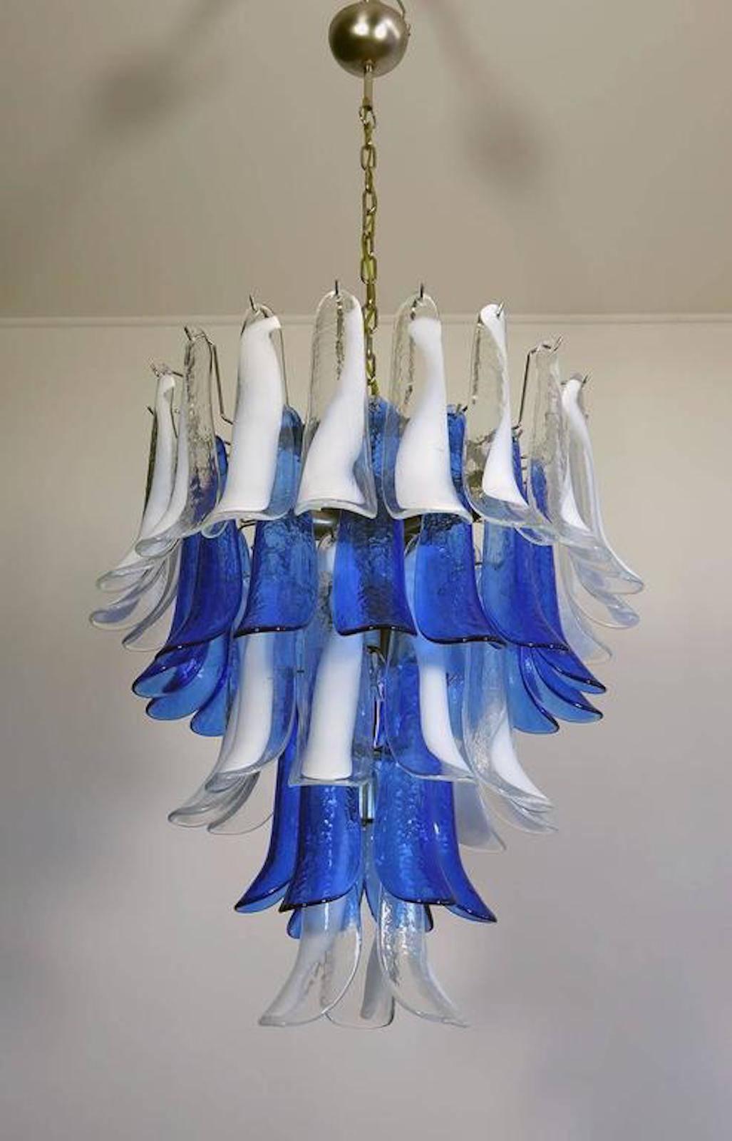 Late 20th Century Pair of White and Blue Petals Murano Glass Chandeliers