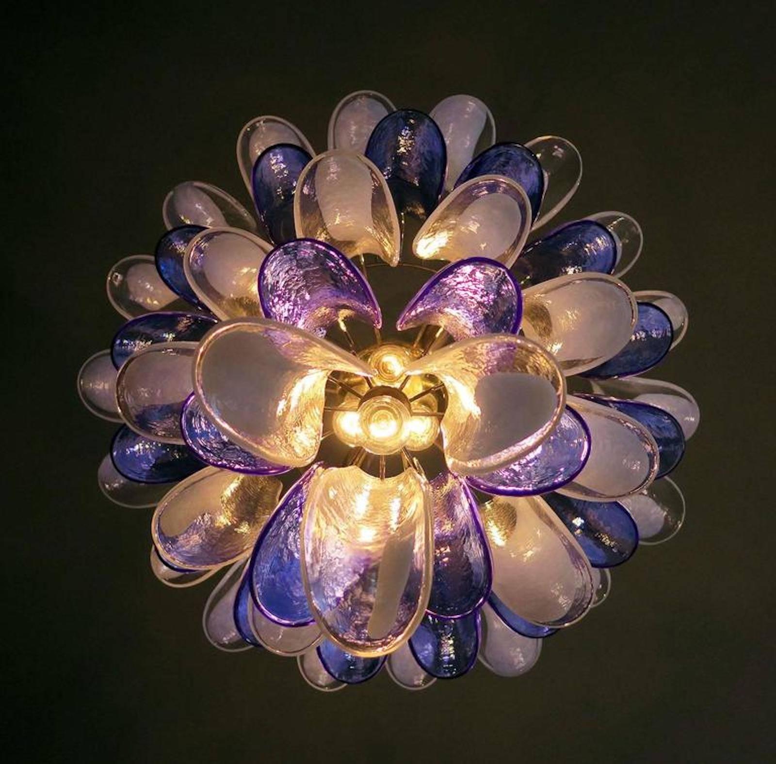 Pair of White and Blue Petals Murano Glass Chandeliers 1