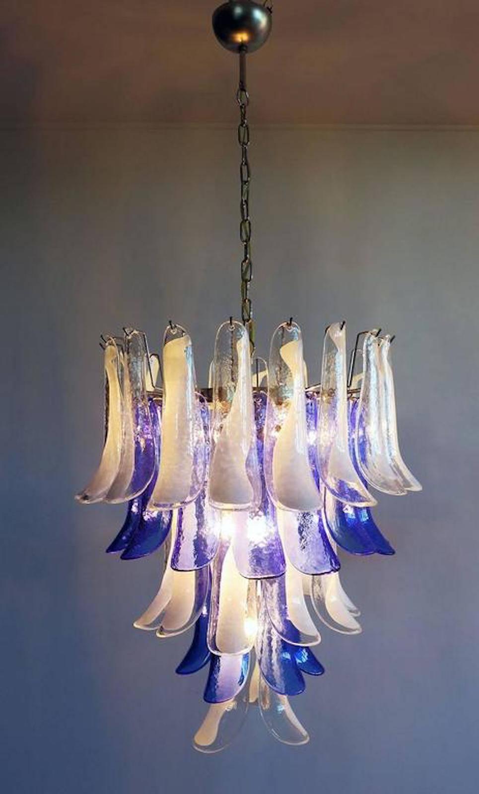 Pair of White and Blue Petals Murano Glass Chandeliers 3