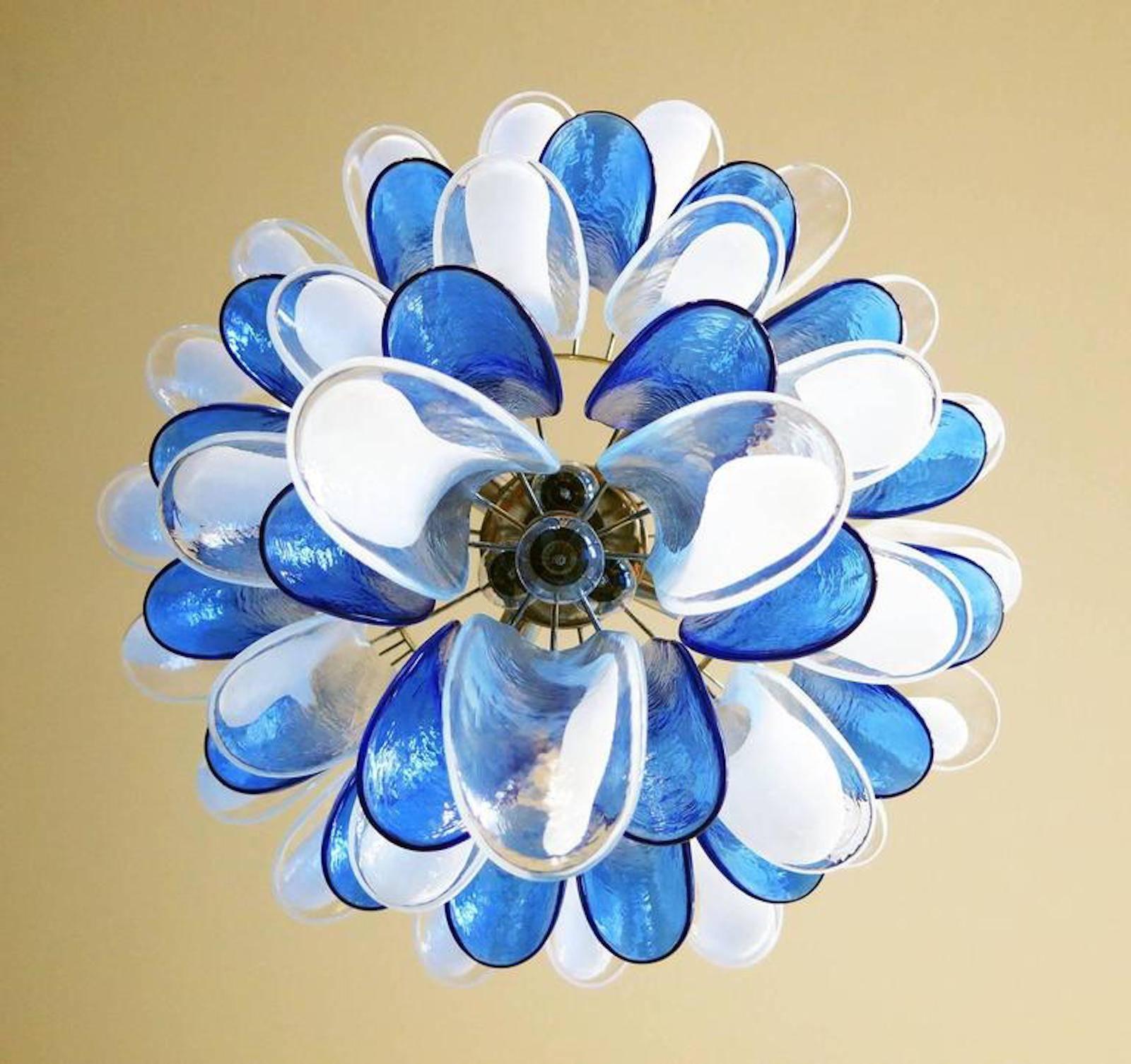 Pair of White and Blue Petals Murano Glass Chandeliers 4