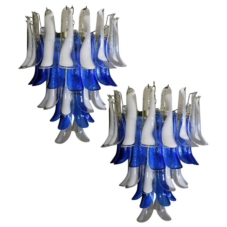 Pair of White and Blue Petals Murano Glass Chandeliers