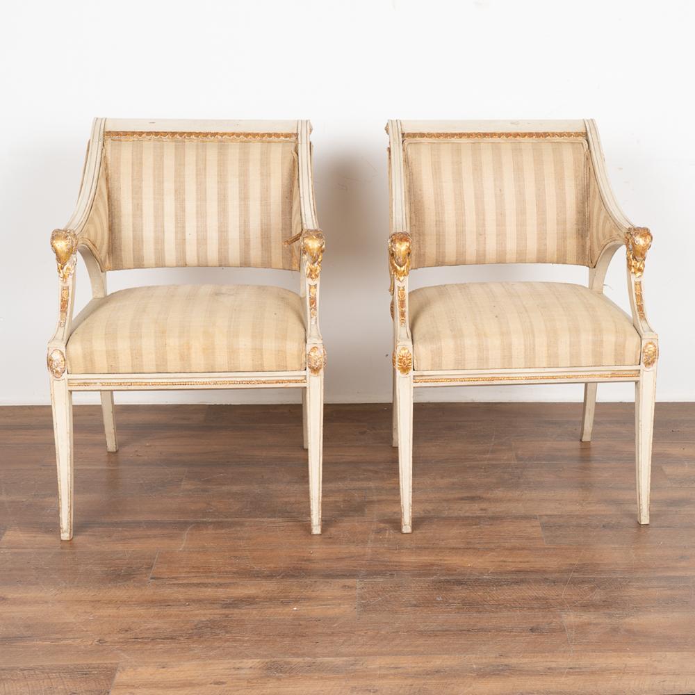 Louis XVI Pair, White and Gold Arm Chairs With Ram Heads, Sweden circa 1860-90