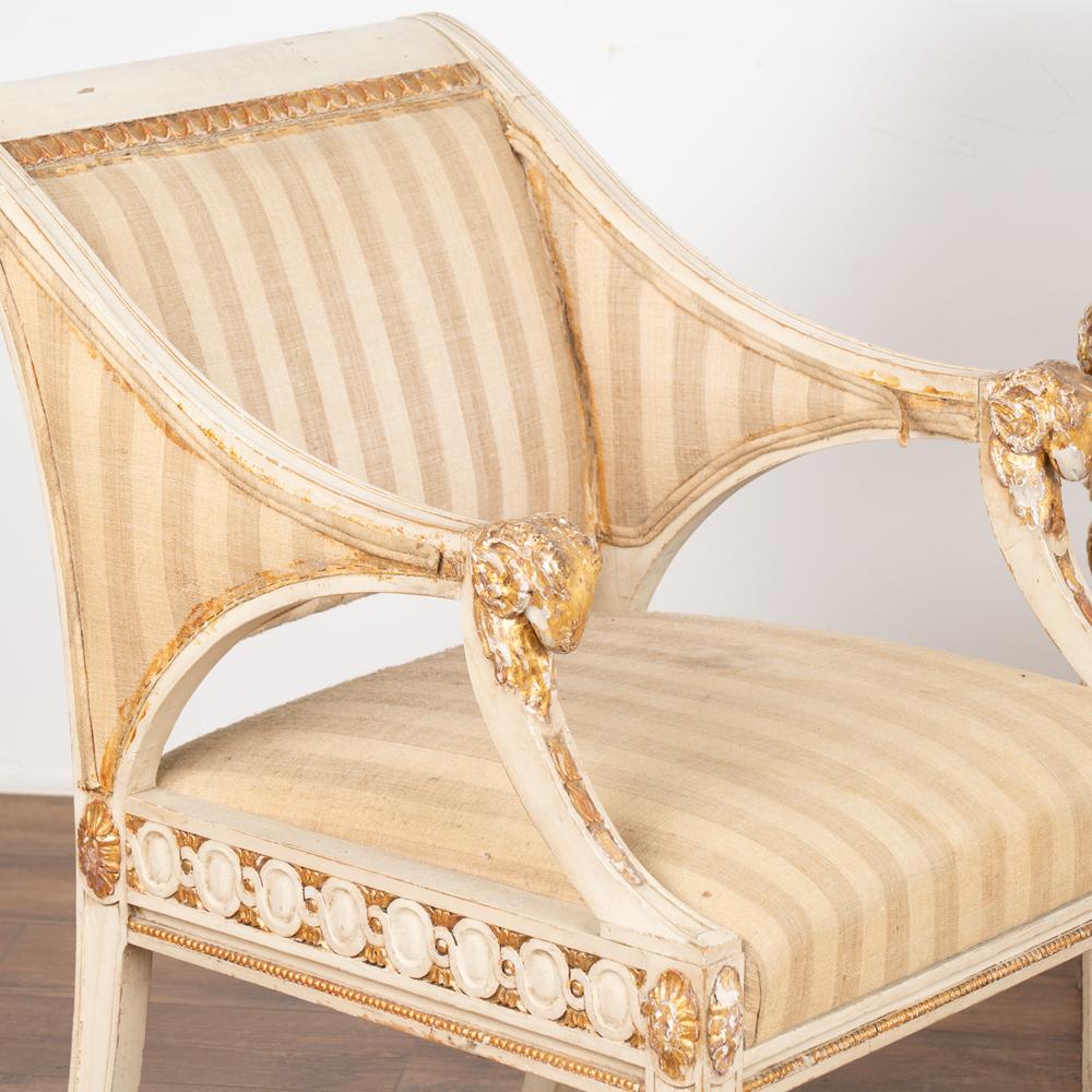 Swedish Pair, White and Gold Arm Chairs With Ram Heads, Sweden circa 1860-90