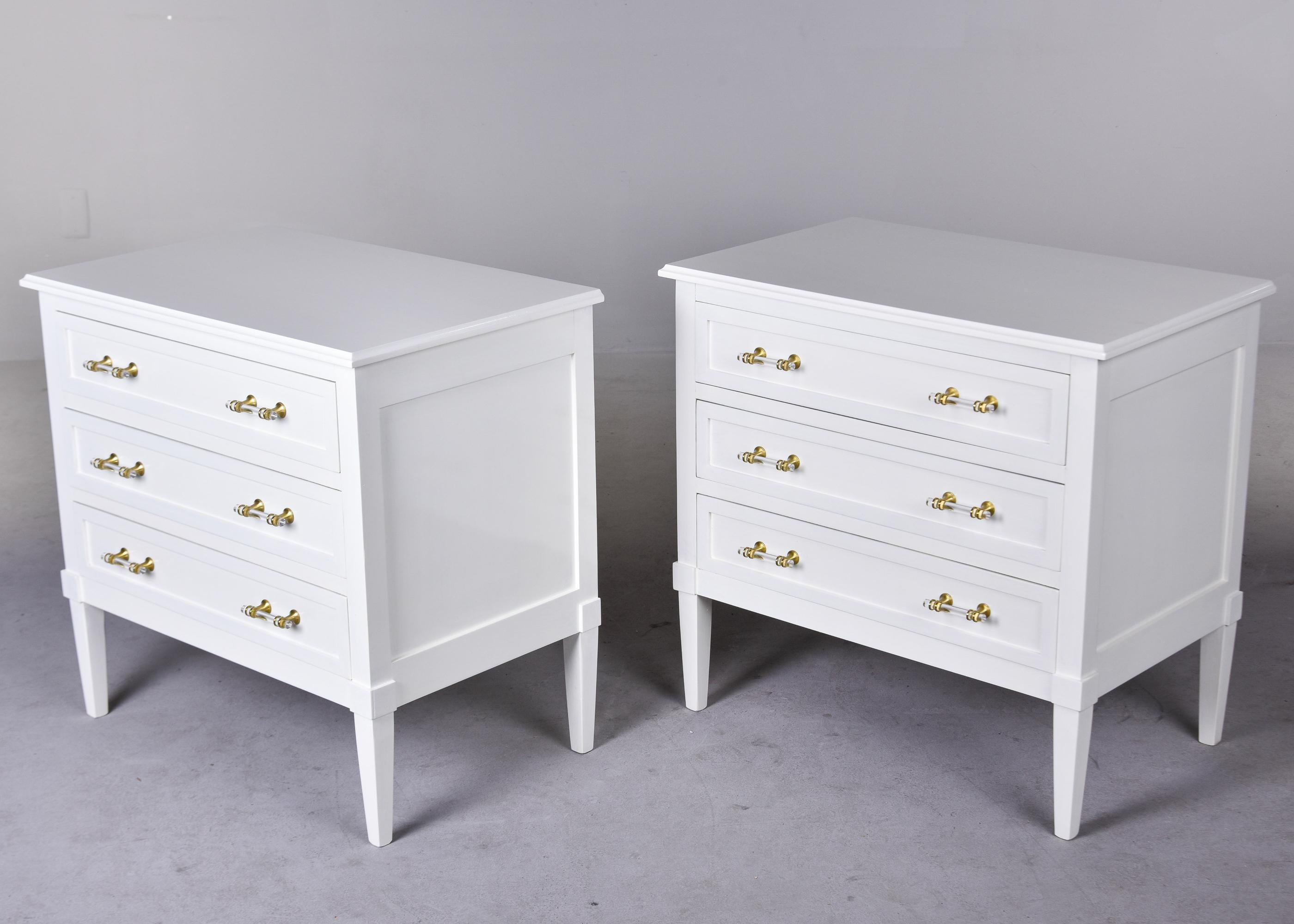 Brass Pair White Bespoke Chests with Three Drawers For Sale