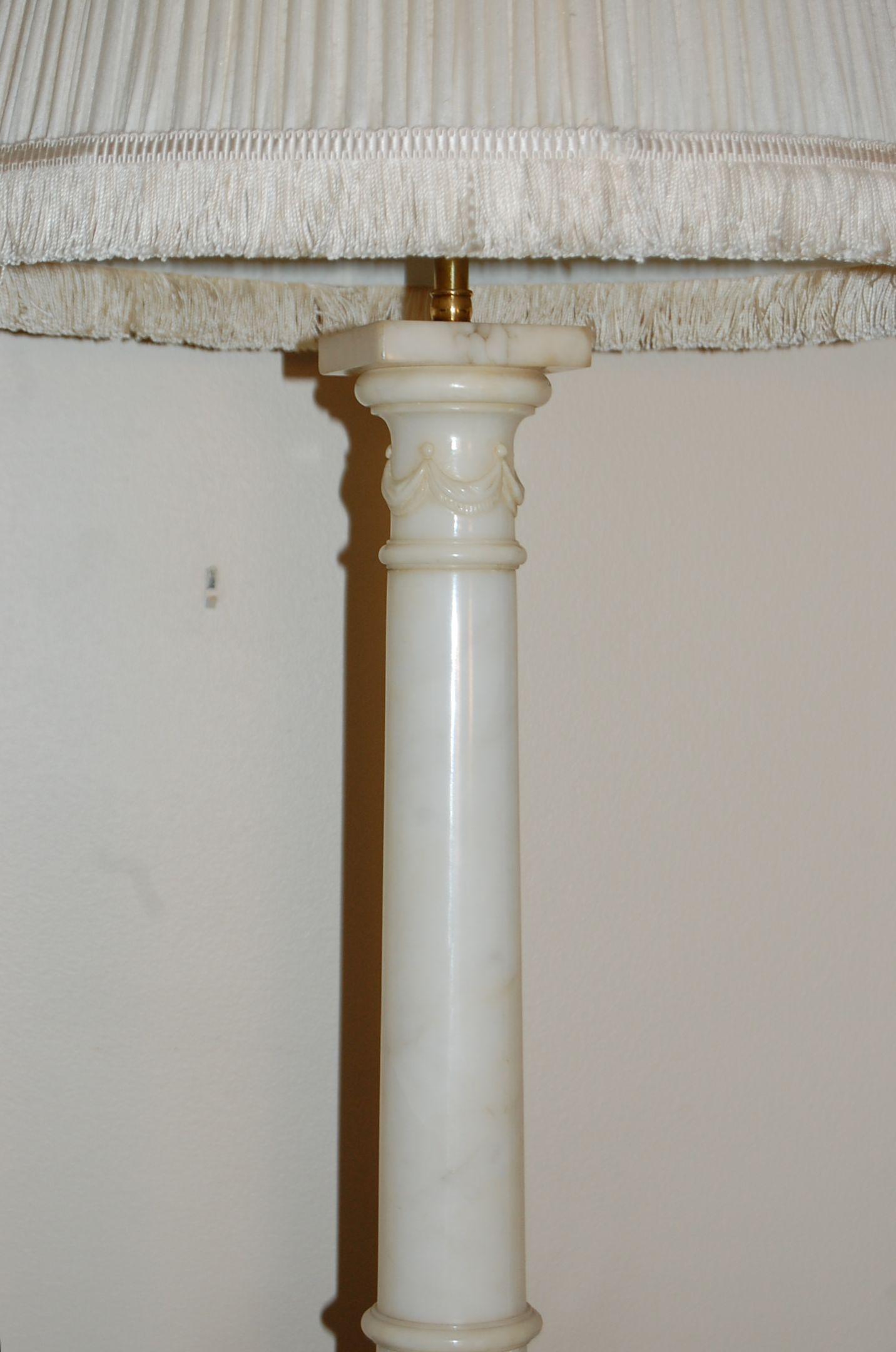 Italian Pair of White Carved Alabaster Neoclassical Style Column Lamps Circa 1930's