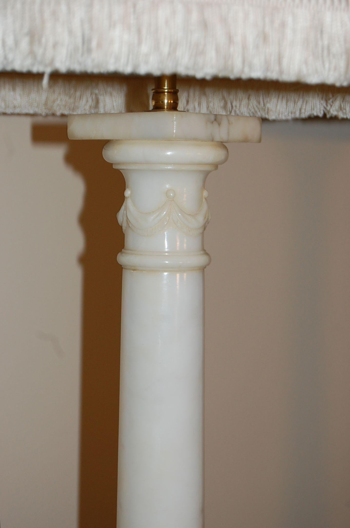 Hand-Carved Pair of White Carved Alabaster Neoclassical Style Column Lamps Circa 1930's