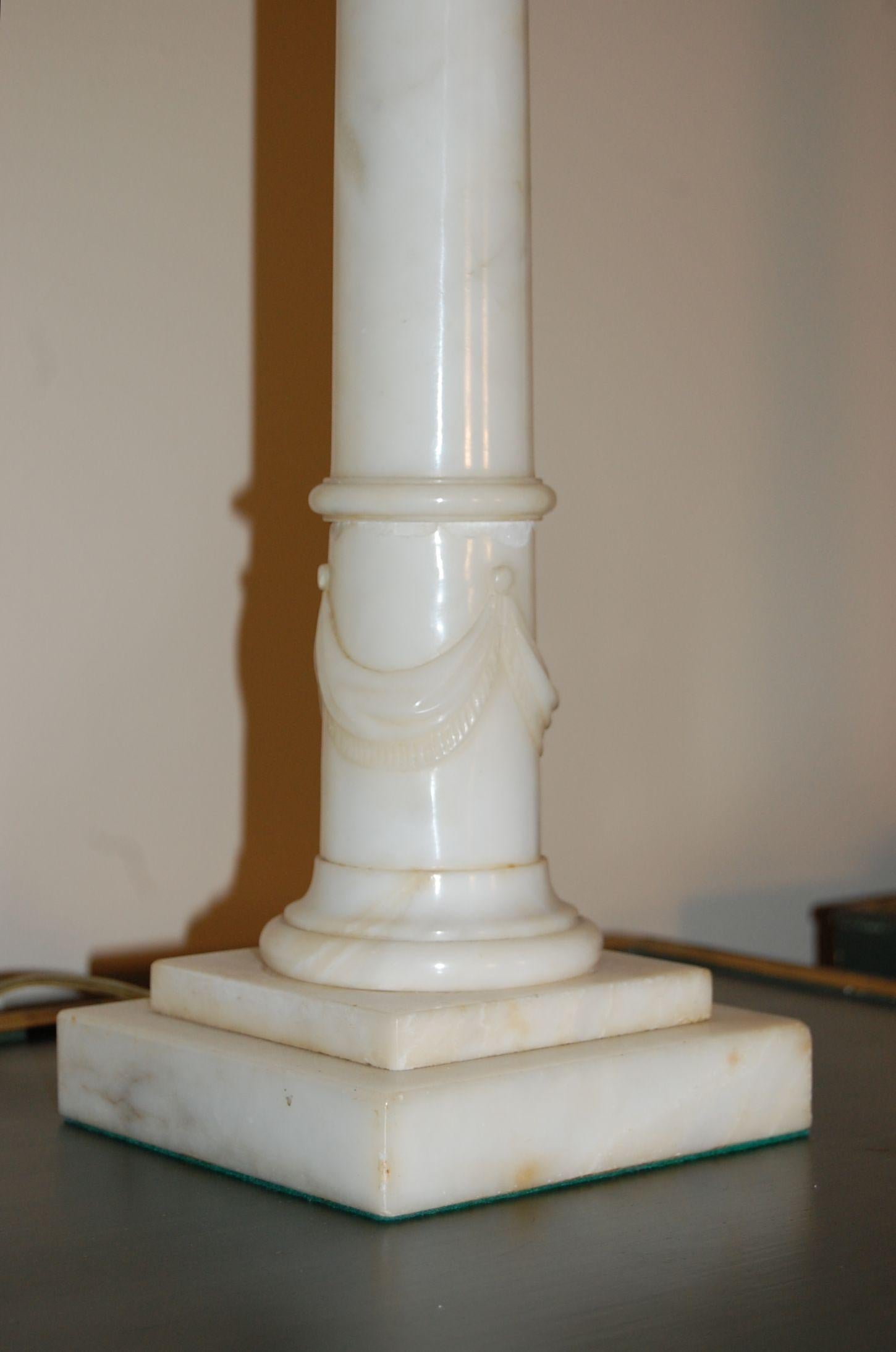 Pair of White Carved Alabaster Neoclassical Style Column Lamps Circa 1930's In Good Condition In Pittsburgh, PA