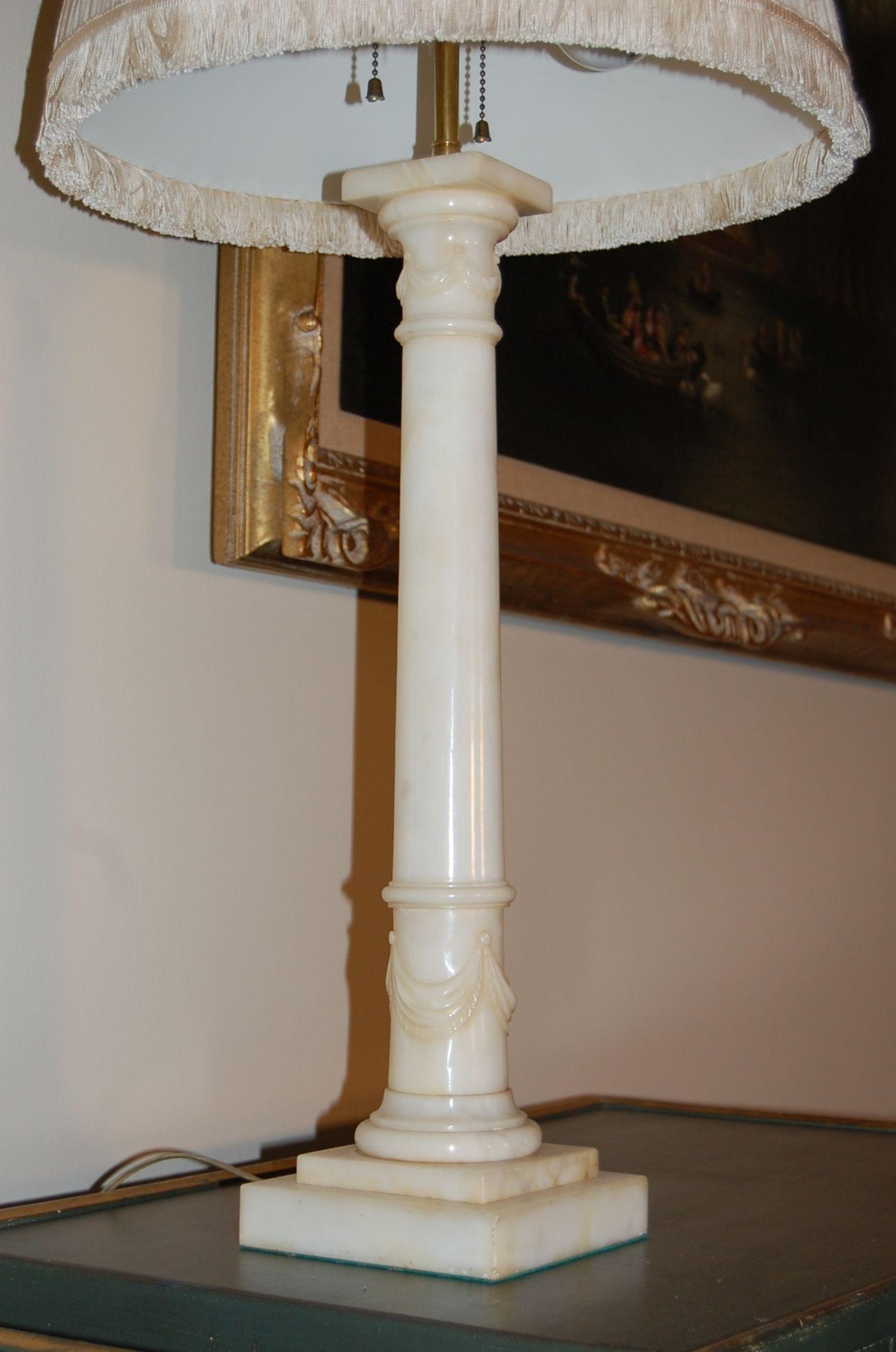 20th Century Pair of White Carved Alabaster Neoclassical Style Column Lamps Circa 1930's