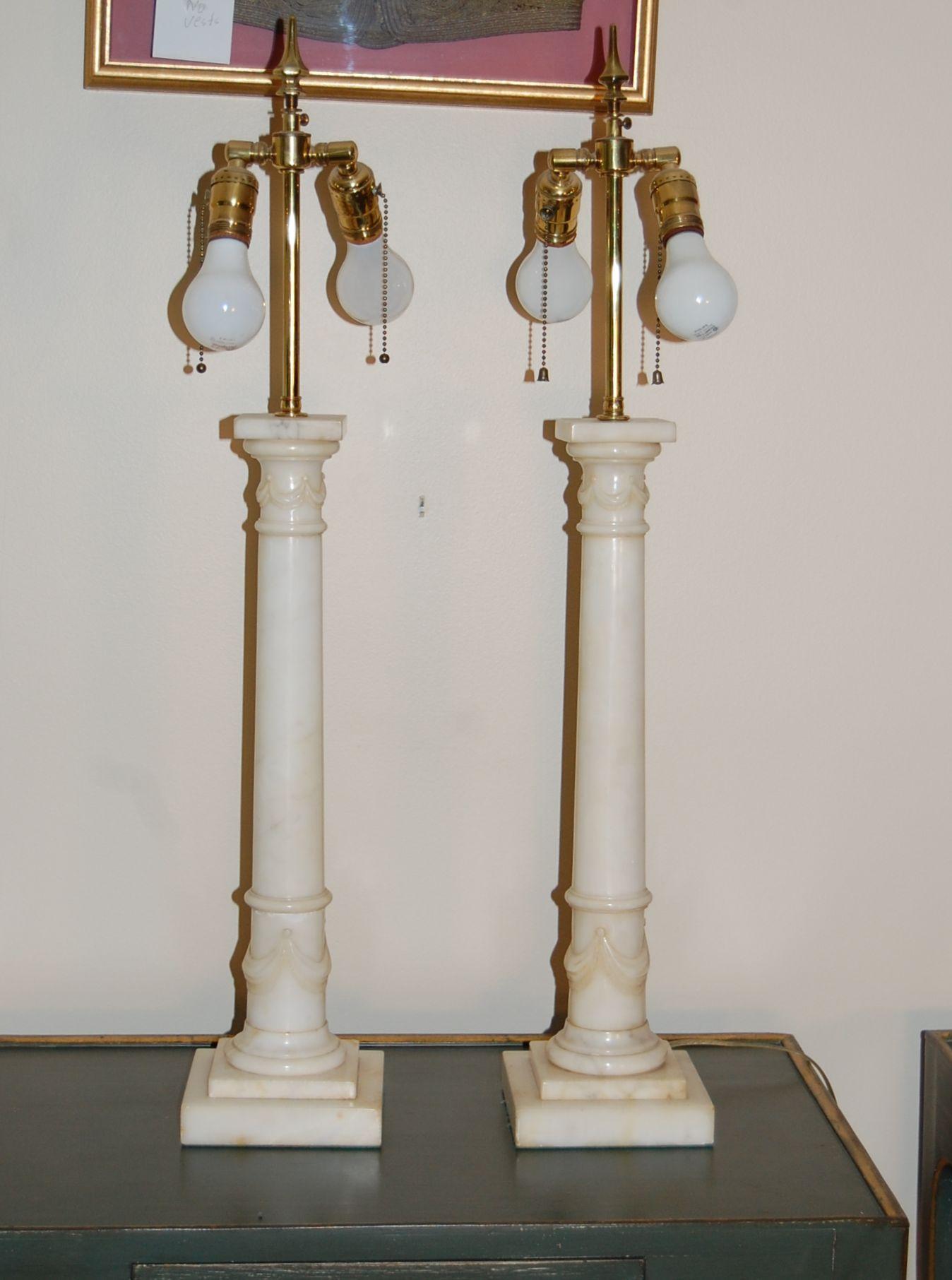 Pair of White Carved Alabaster Neoclassical Style Column Lamps Circa 1930's 1
