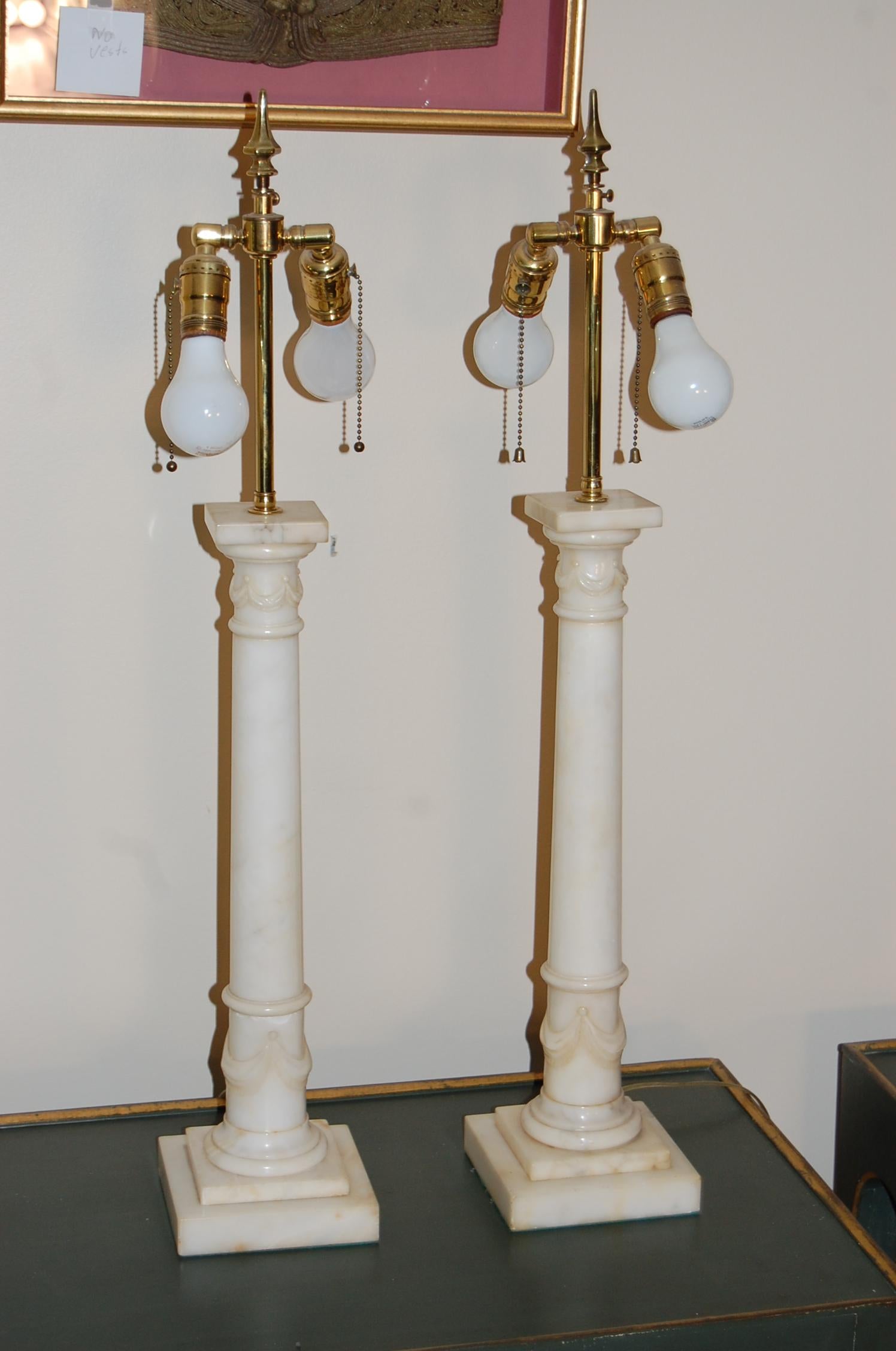 Pair of White Carved Alabaster Neoclassical Style Column Lamps Circa 1930's 2