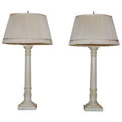 Pair of White Carved Alabaster Neoclassical Style Column Lamps Circa 1930's