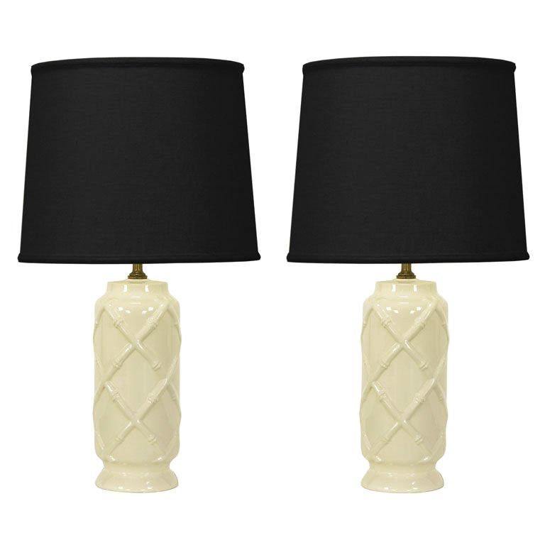 Pair White  Ceramic Bamboo Relief Table Lamps