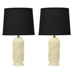 Pair White  Ceramic Bamboo Relief Table Lamps