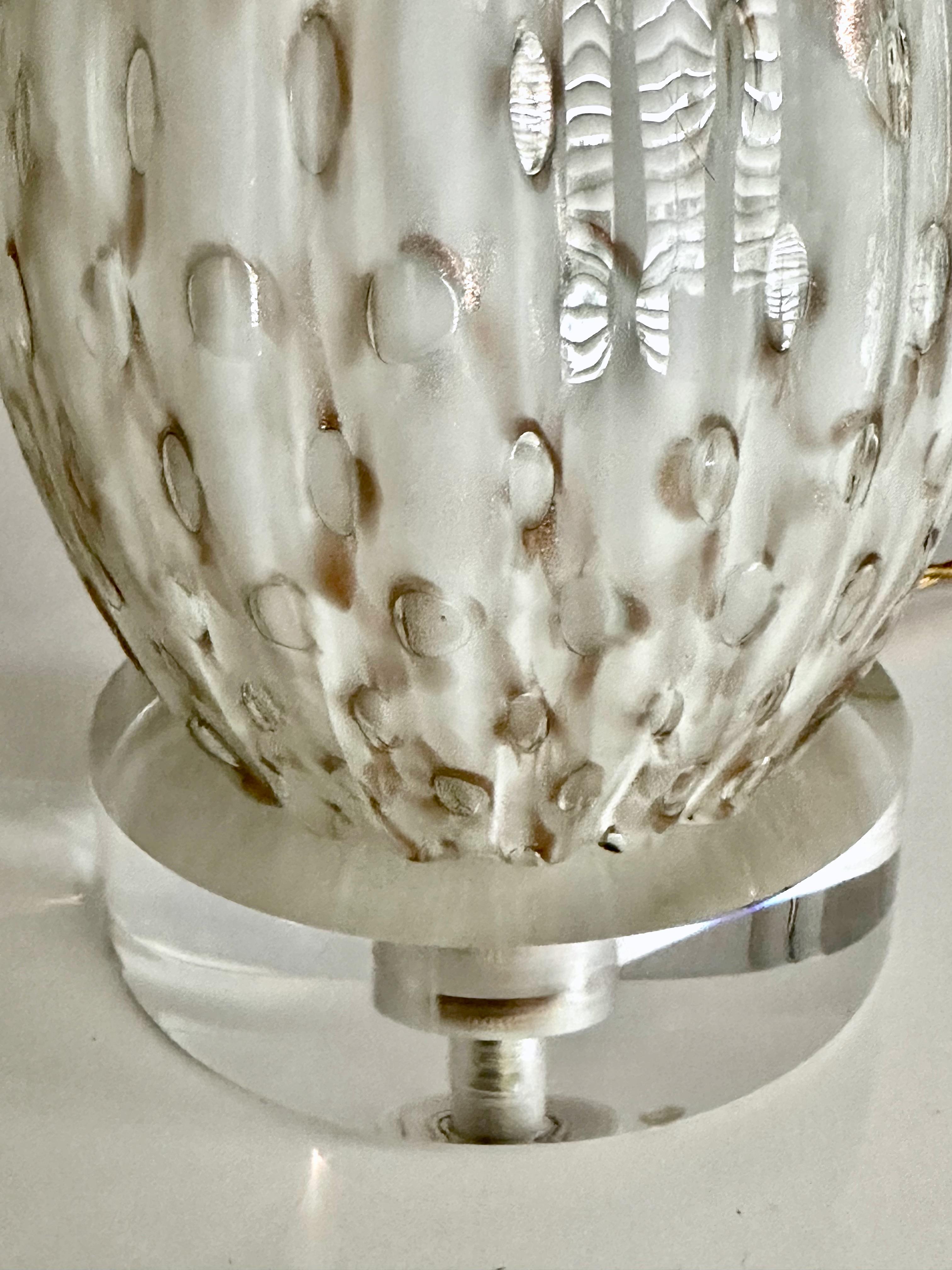 Pair White Copper Bubbles Aventurine Murano Glass Lamps For Sale 4