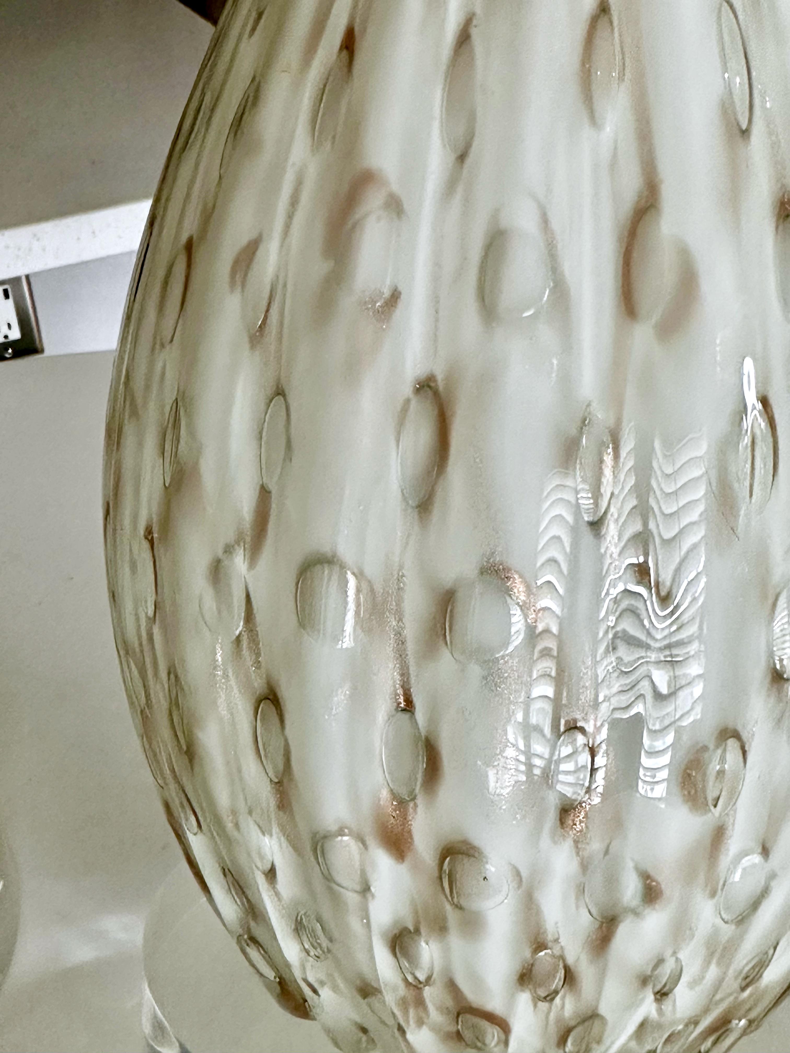 Pair White Copper Bubbles Aventurine Murano Glass Lamps For Sale 5