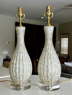 Pair White Copper Bubbles Aventurine Murano Glass Lamps
