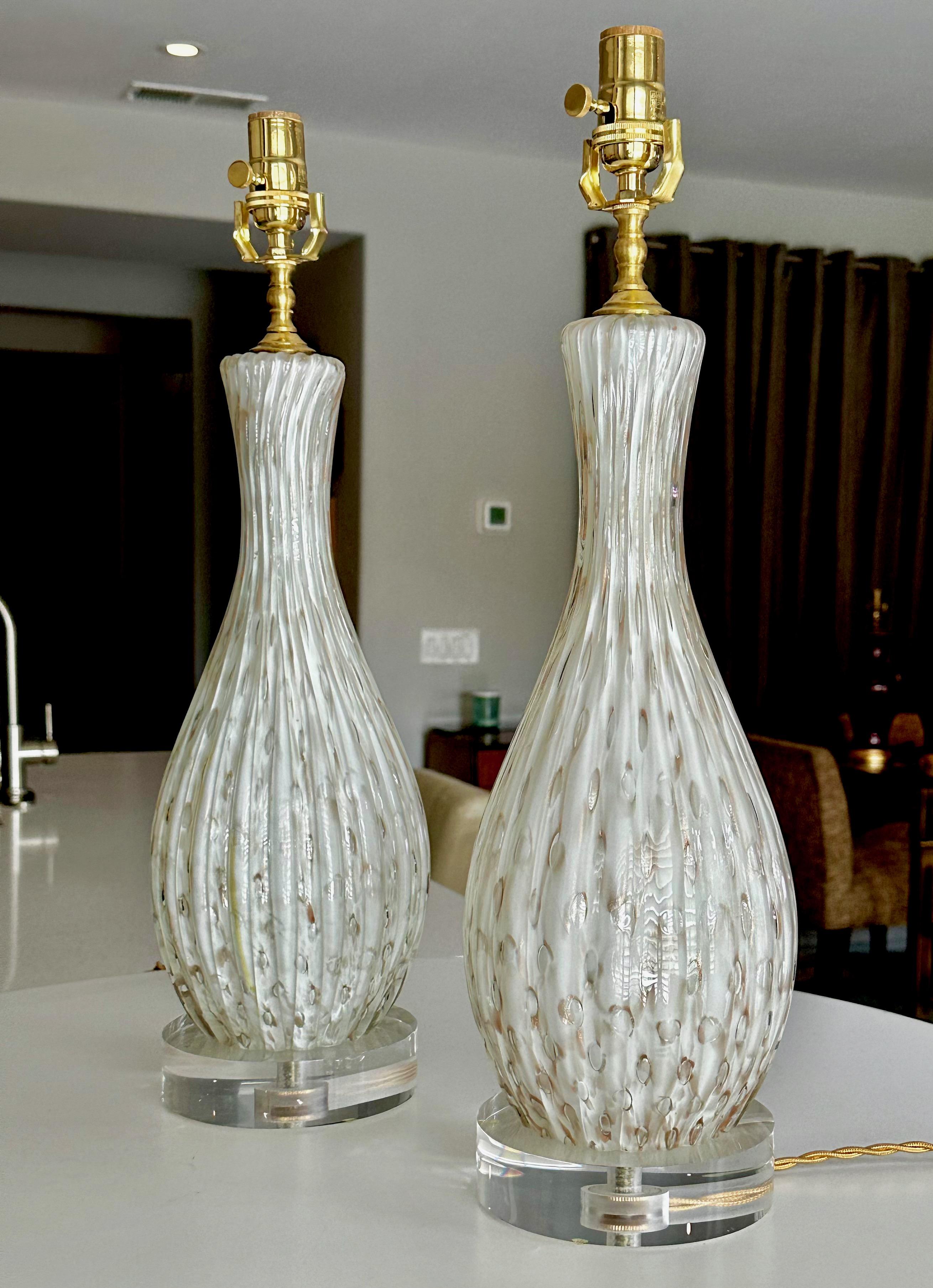 Brass Pair White Copper Bubbles Aventurine Murano Glass Lamps For Sale