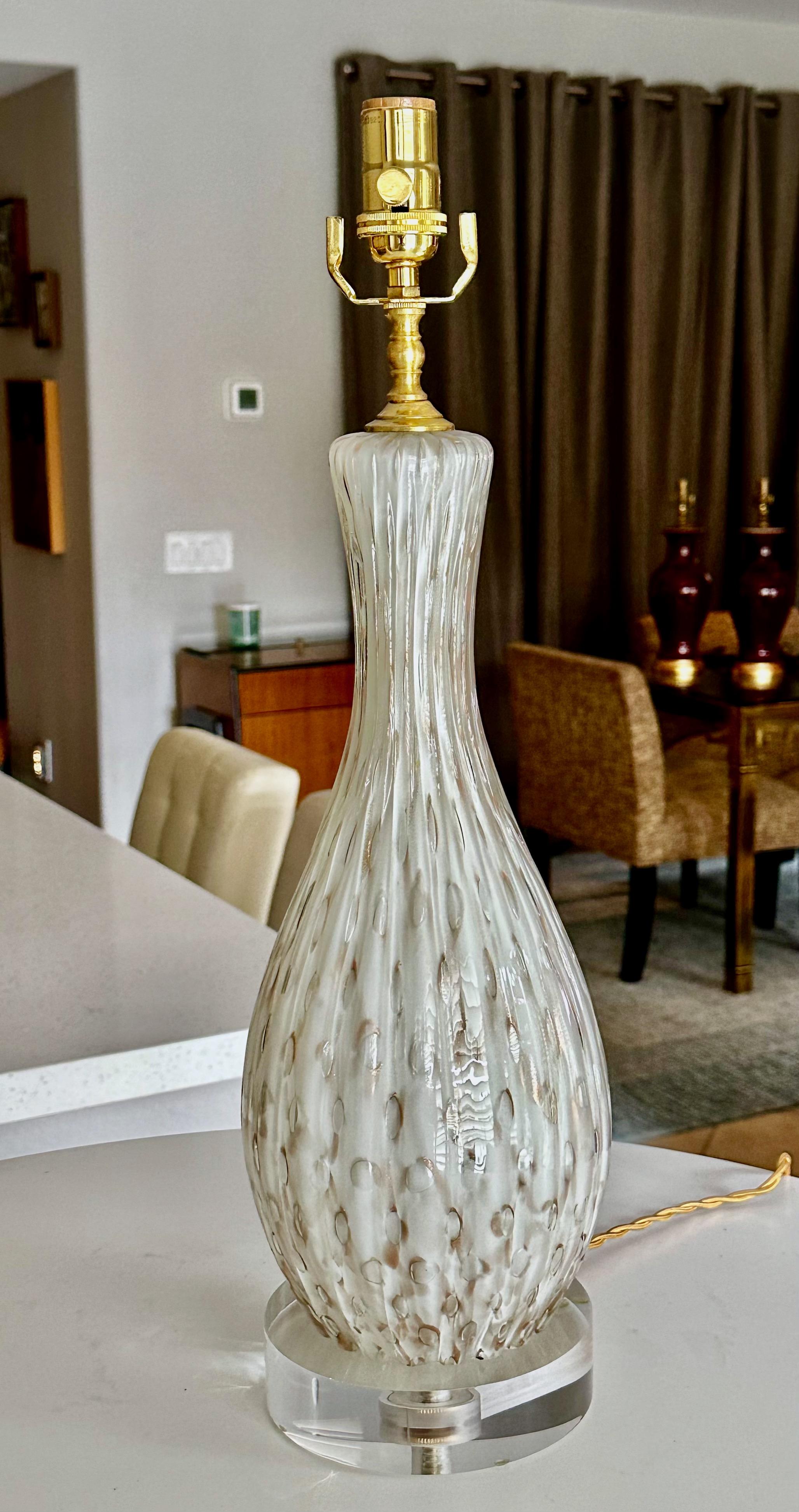 Pair White Copper Bubbles Aventurine Murano Glass Lamps For Sale 2
