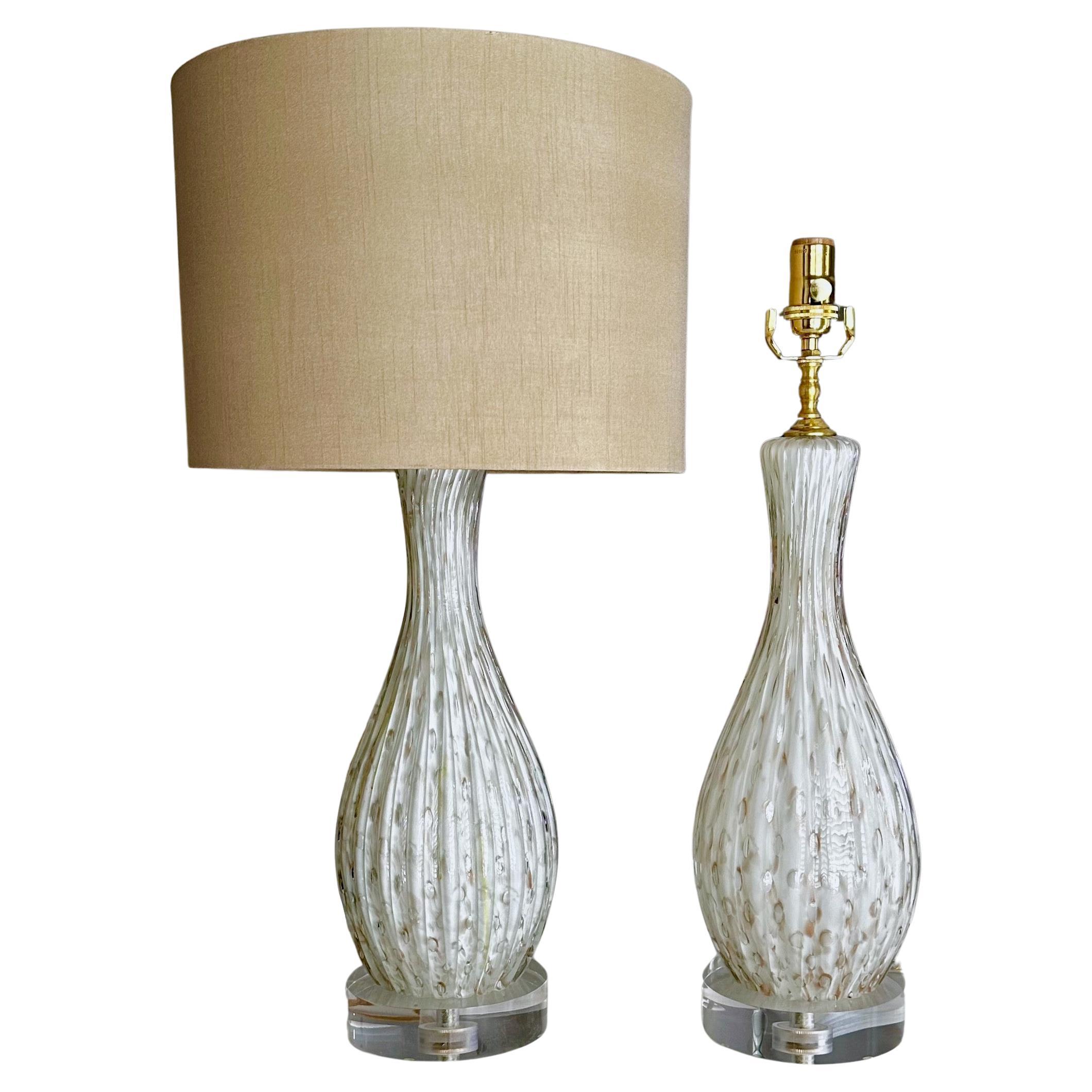 Pair White Copper Bubbles Aventurine Murano Glass Lamps For Sale