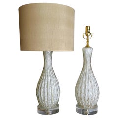 Pair White Copper Bubbles Aventurine Murano Glass Lamps