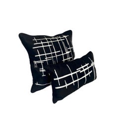 Pair White Criss Cross Black Silk Duchesse Satin Throw Pillows