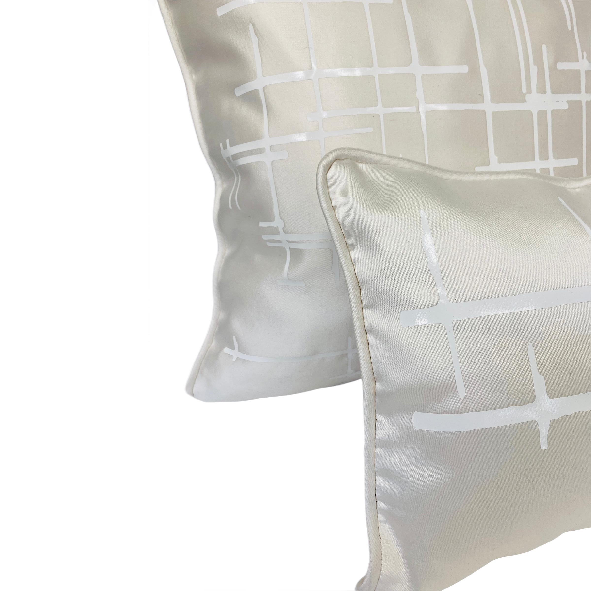 Appliqué Pair of White Criss Cross Off- White Silk Wool Throw Pillows For Sale